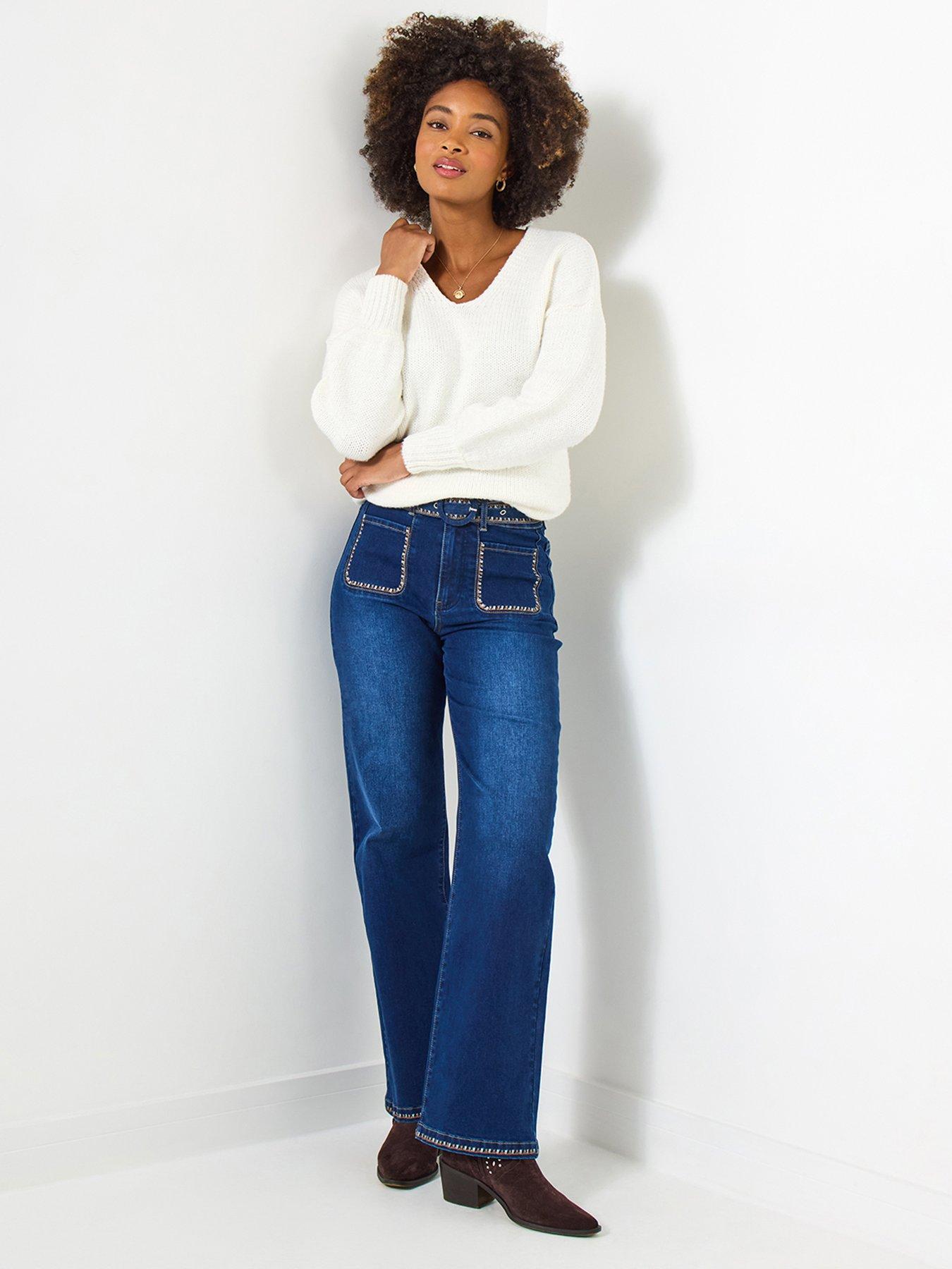 undefined Perrie Embroidered Wide Leg Jeans - Blue
