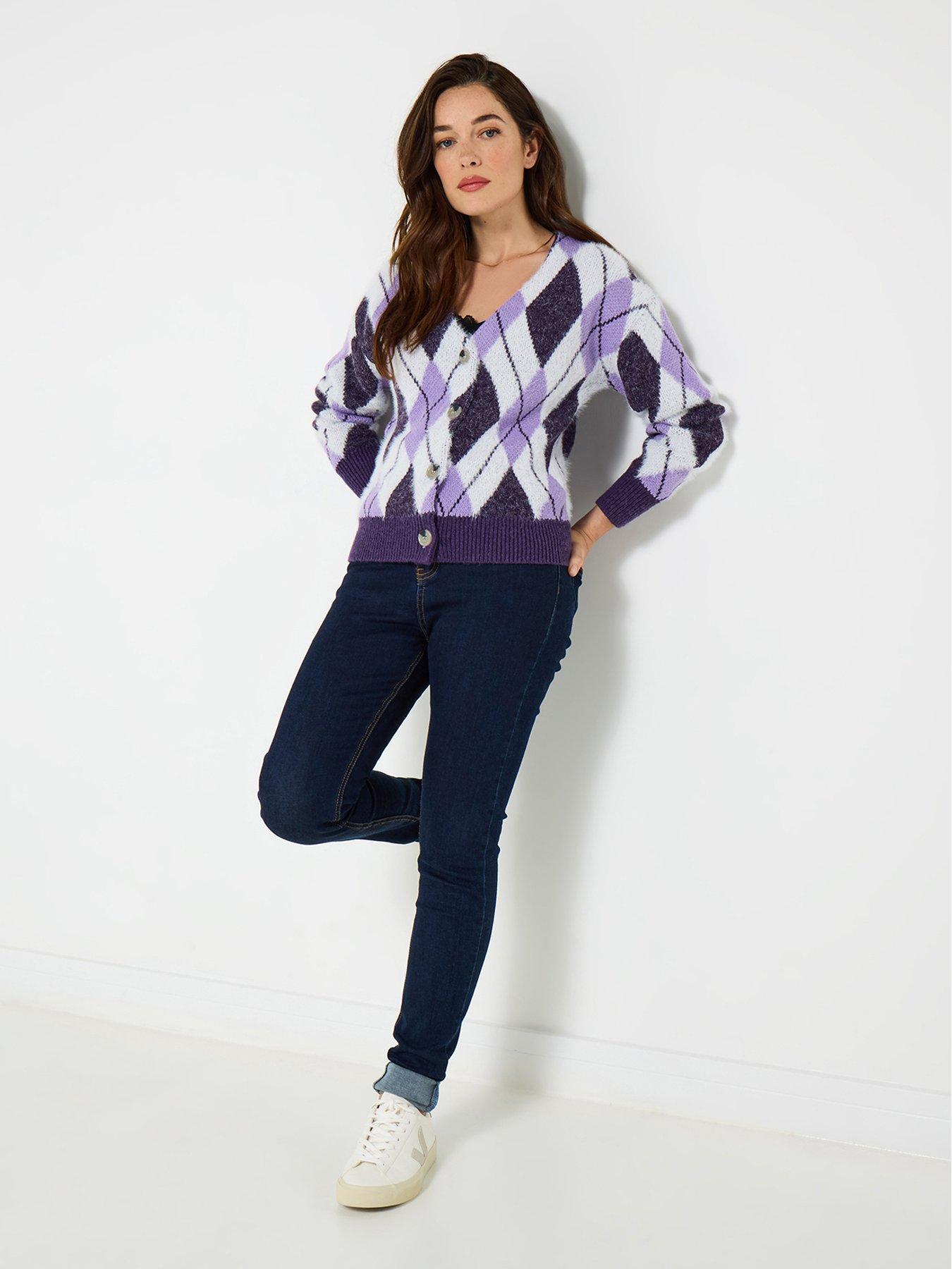 undefined Amazing Argyle Fluffy Knit Cardigan - Purple