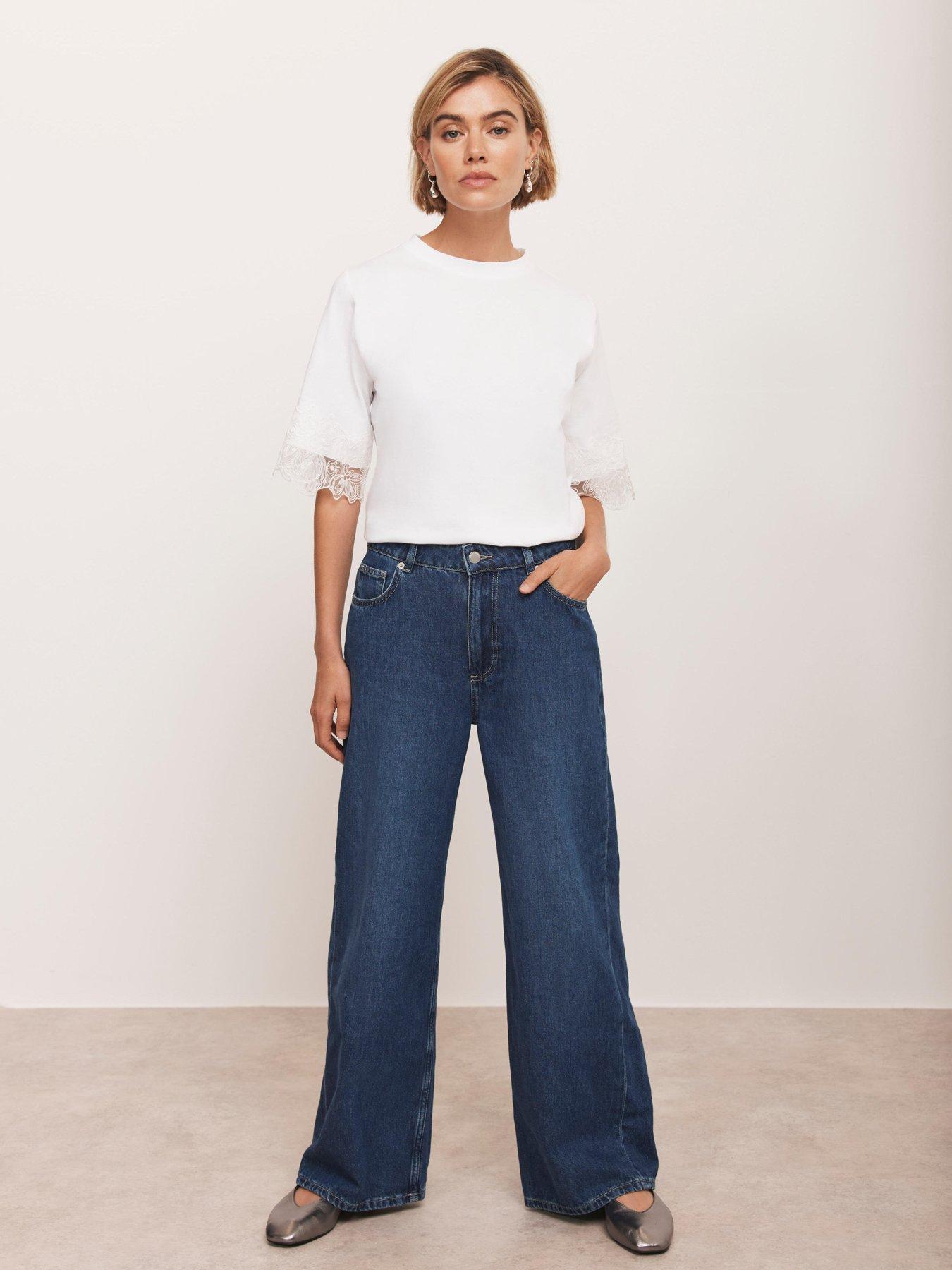 Image 1 of 6 of Mint Velvet Ivory Lace Trim T-Shirt - White