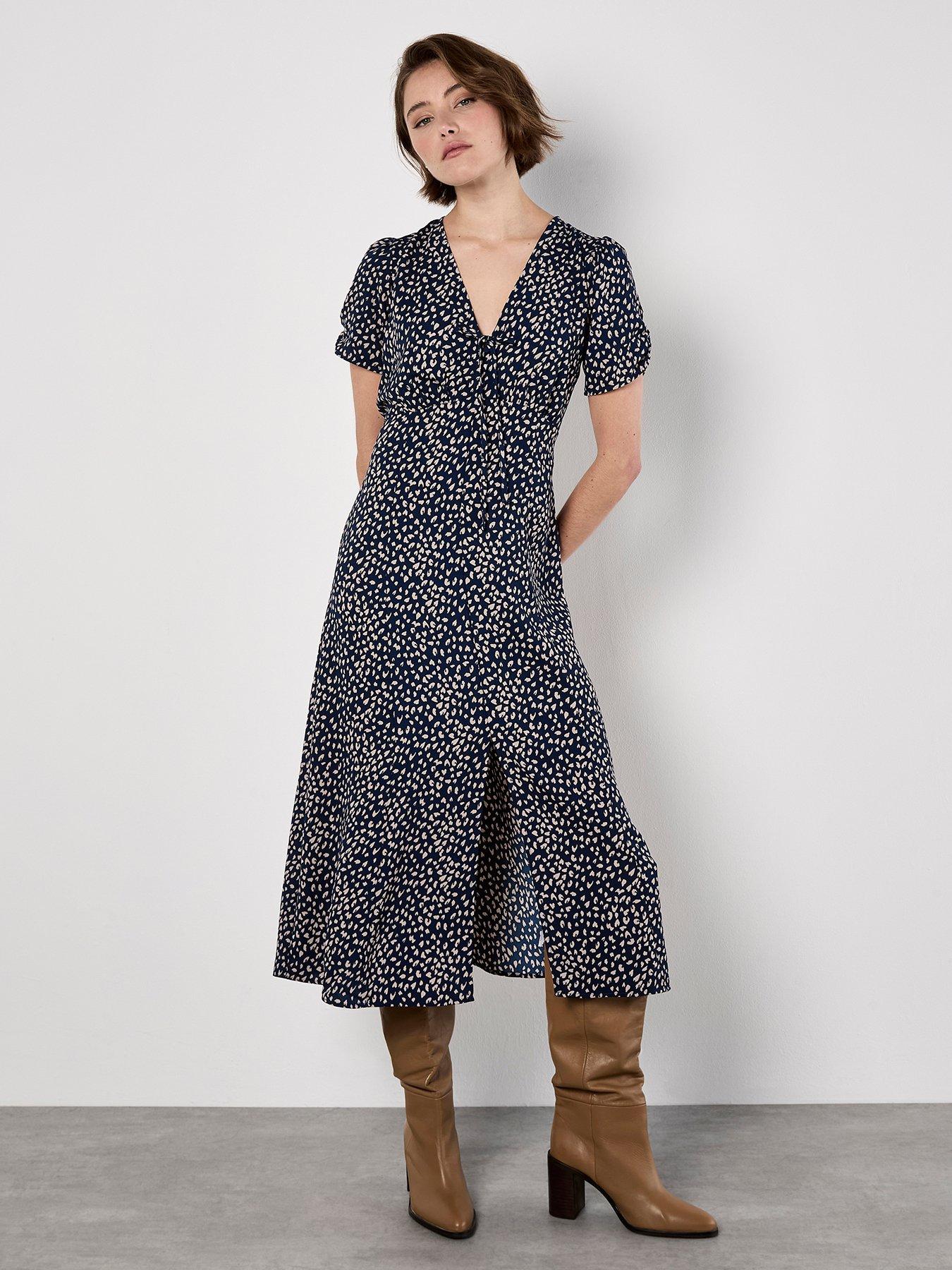 Image 1 of 4 of Apricot Tie Front Animal Mono Print Dress - Navy