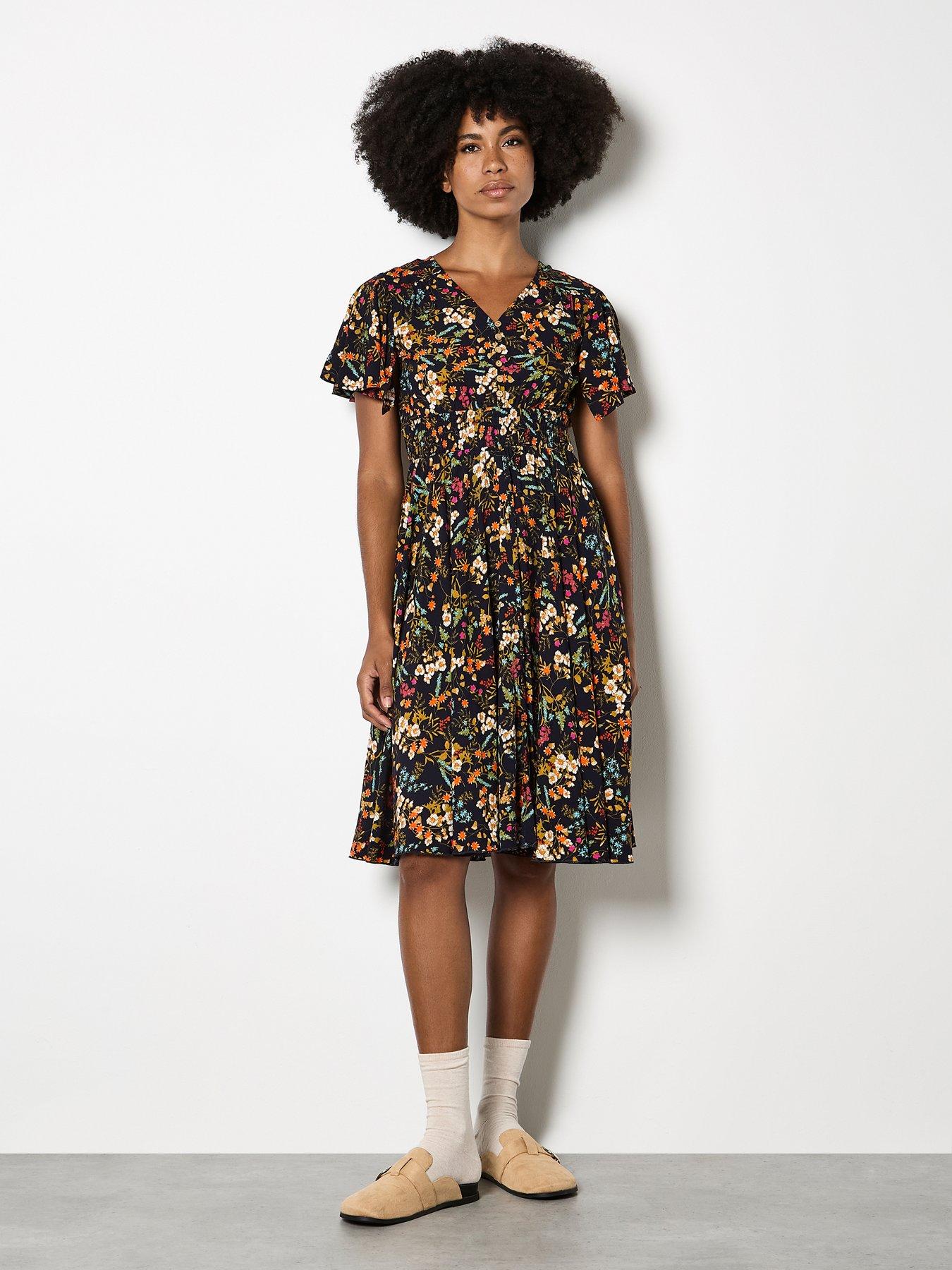 undefined Botanical Ditsy Button Detail Midi Dress- Navy