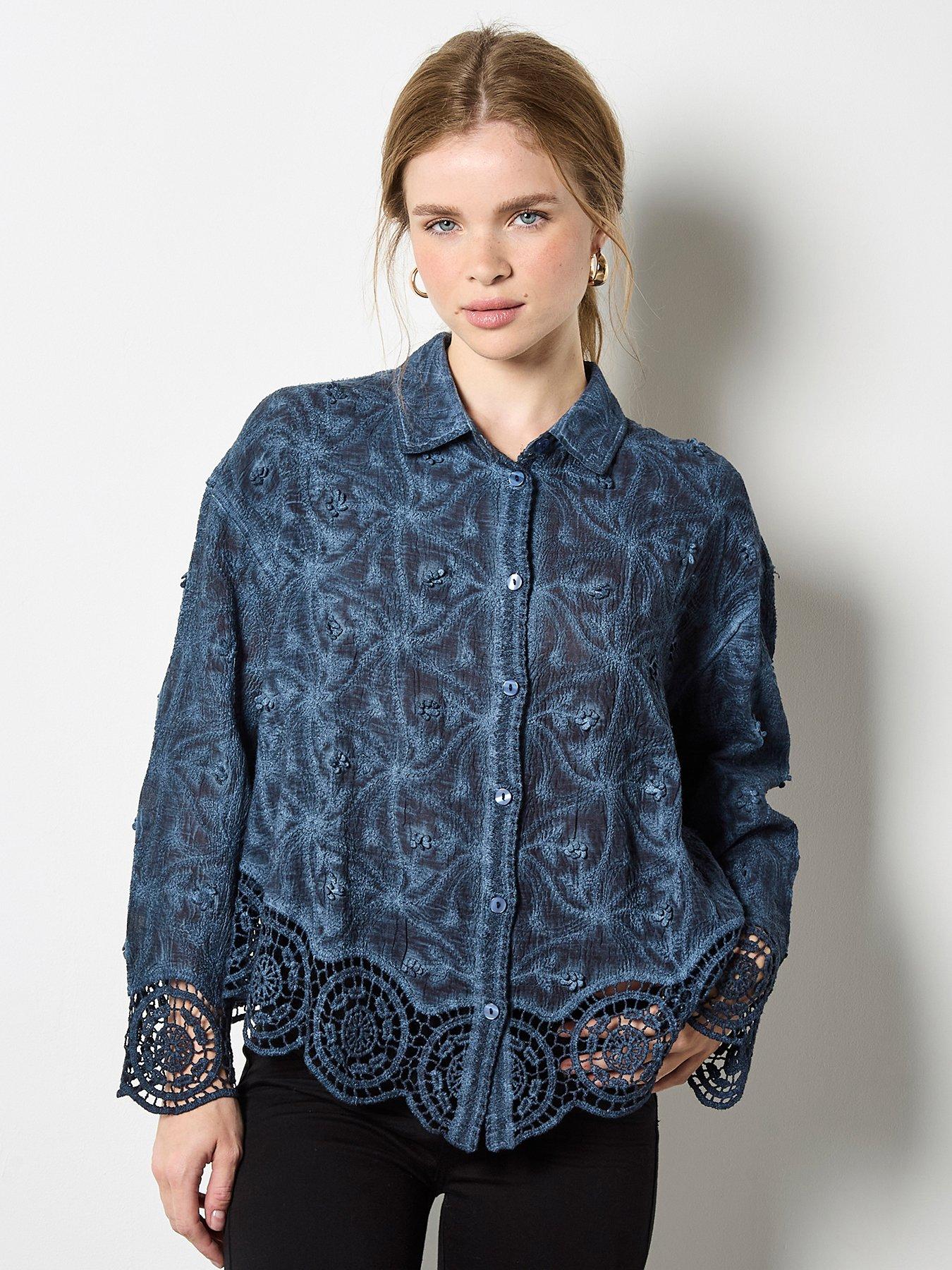 undefined 3D Floral Crochet Hem Blouse - Navy