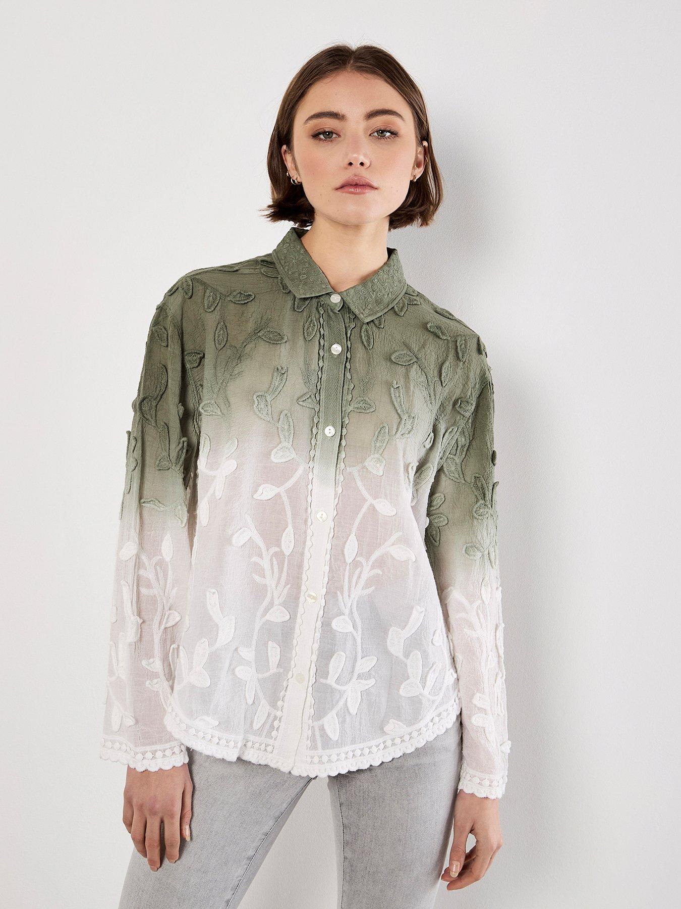 Image 1 of 4 of Apricot 3D Embroidered Leaf Ombre Shirt - Khaki