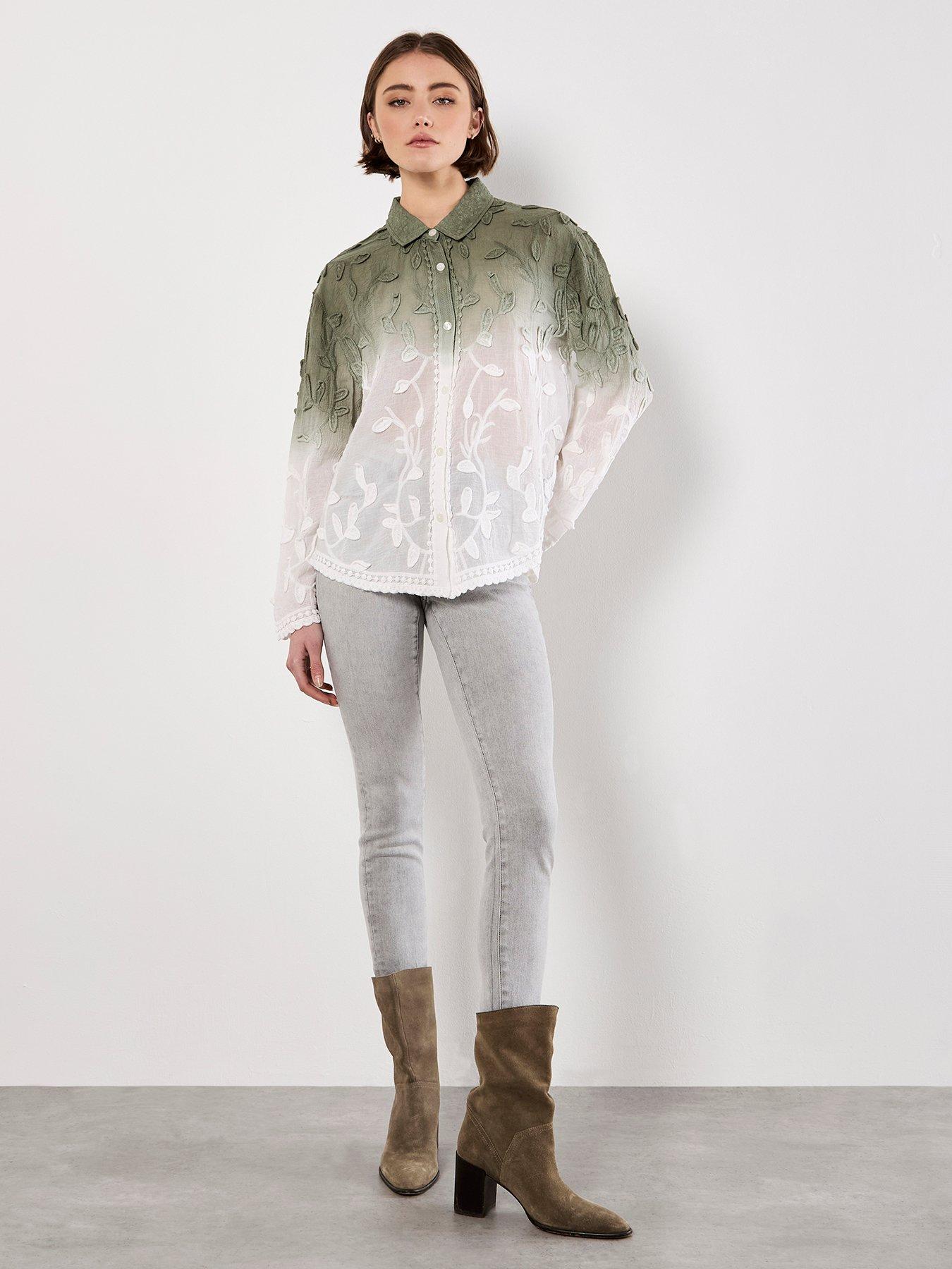 Image 3 of 4 of Apricot 3D Embroidered Leaf Ombre Shirt - Khaki