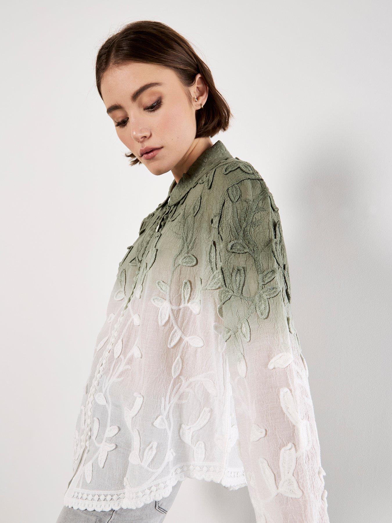 Image 4 of 4 of Apricot 3D Embroidered Leaf Ombre Shirt - Khaki
