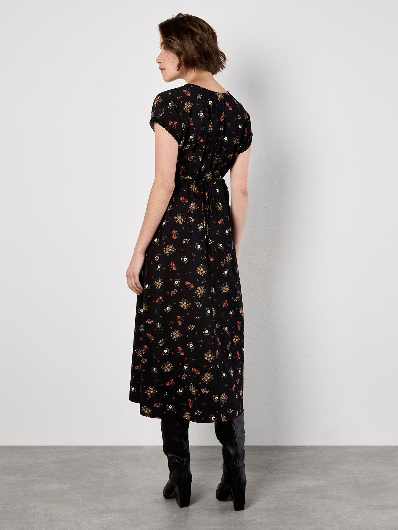 Image 2 of 4 of Apricot Floral Heart Ditsy Print Dress - Black