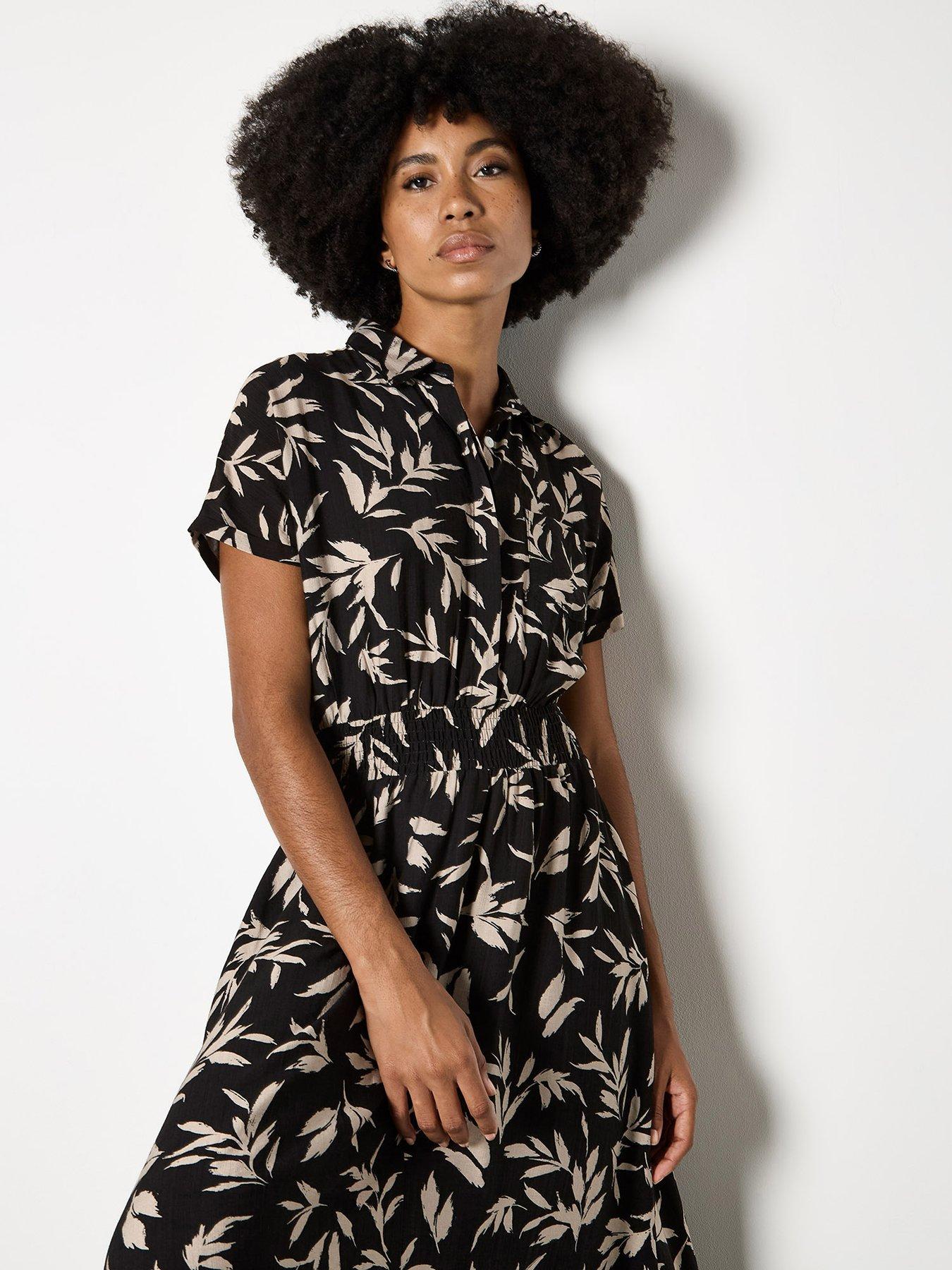 undefined Textured Mono Leaf Shirt Midi Dress - Black