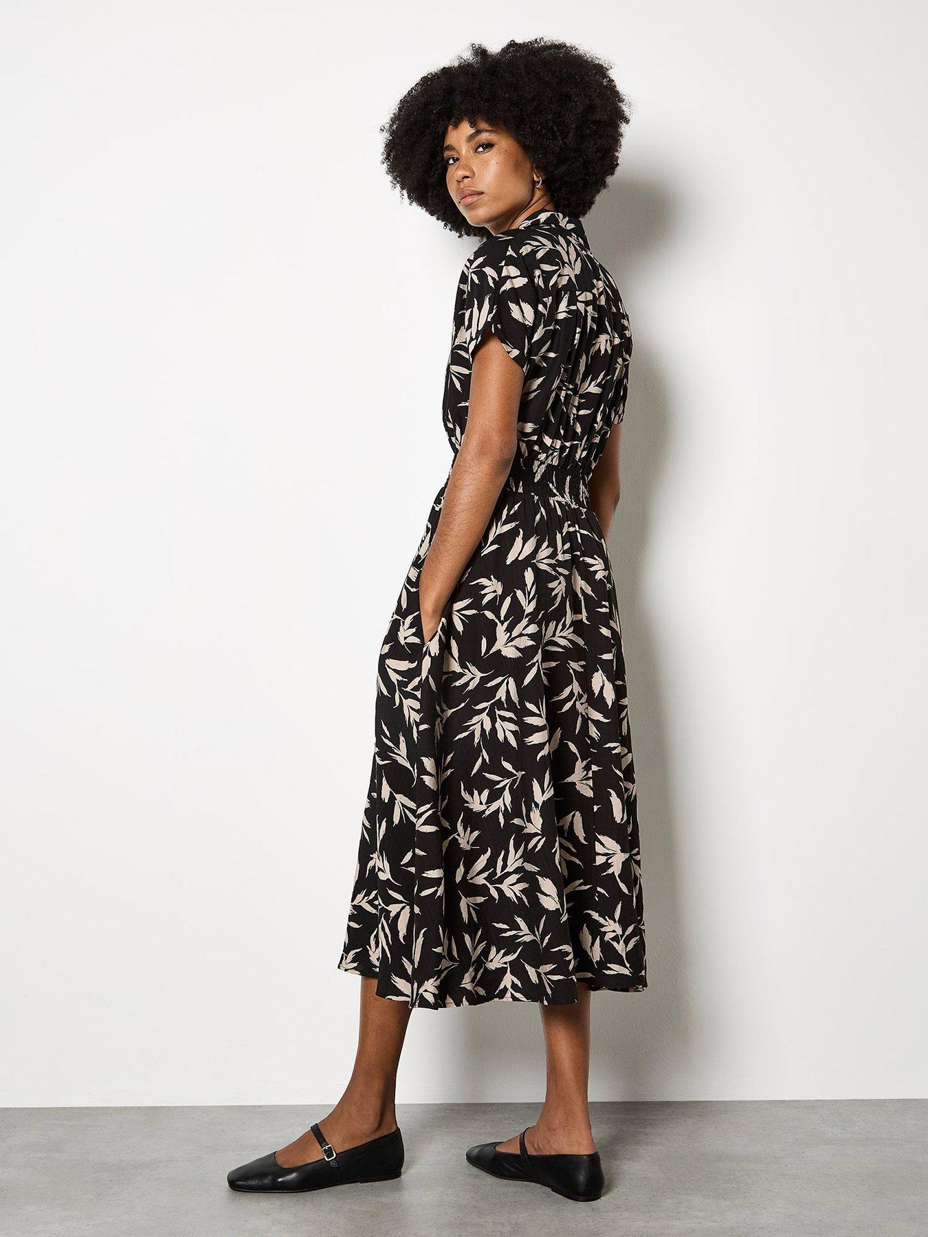 Image 2 of 4 of Apricot Textured Mono Leaf Shirt Midi Dress - Black