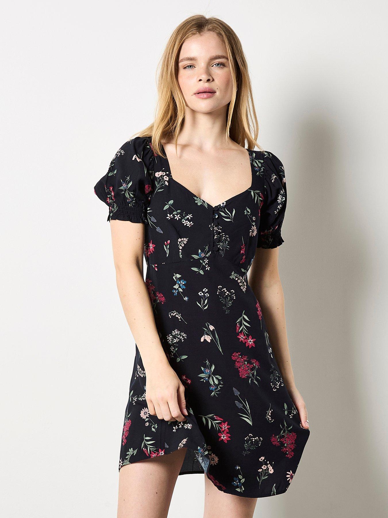 Image 1 of 5 of Apricot Botanical Floral Tea Dress - Black