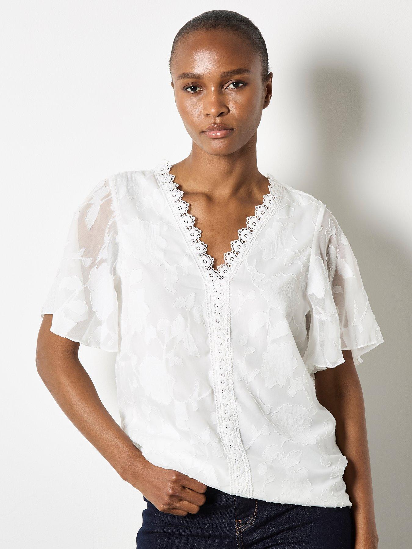 undefined Crochet Front Floral Jacquard Top - Cream