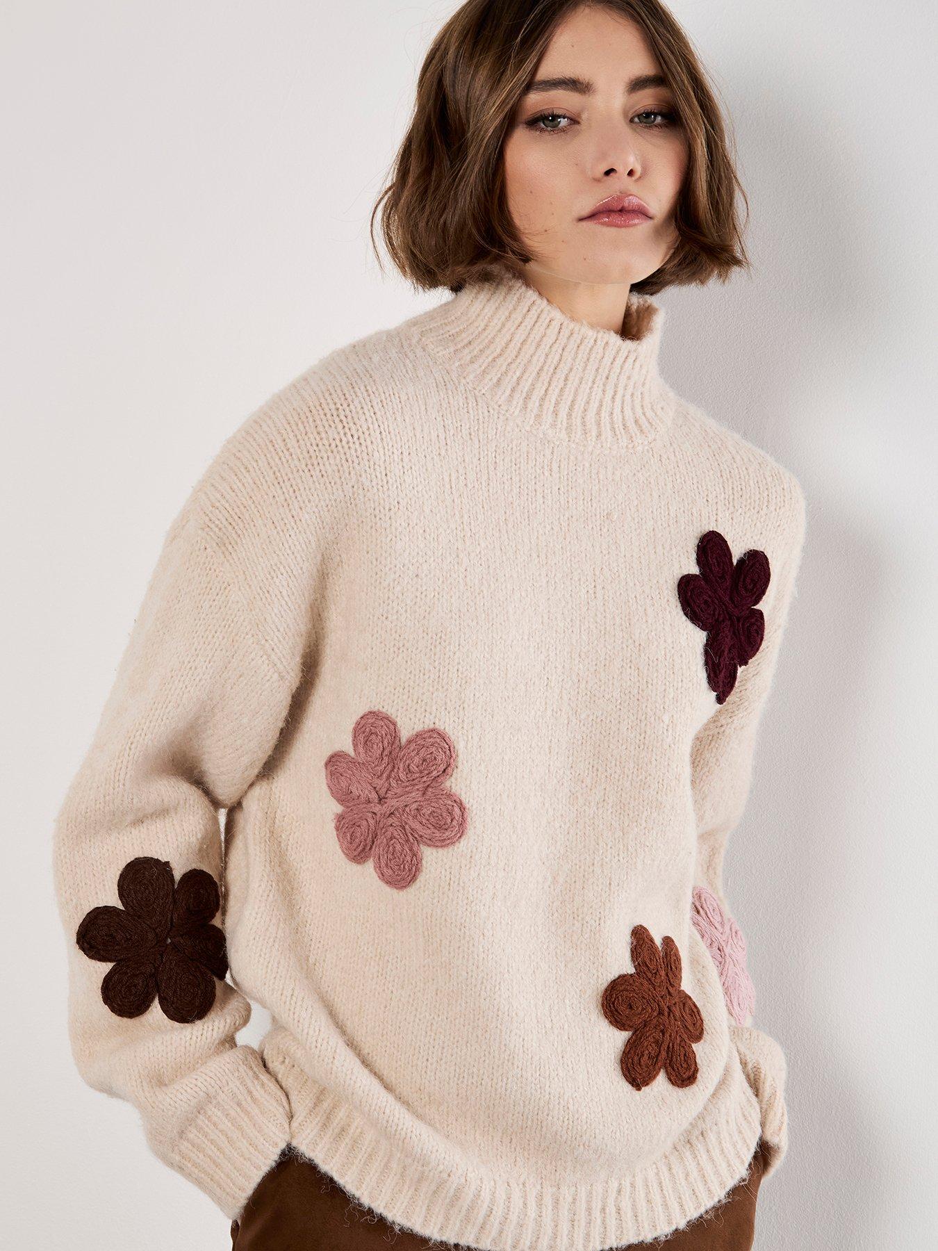 Image 1 of 4 of Apricot Embroidered Flower Mock Neck Jumper
