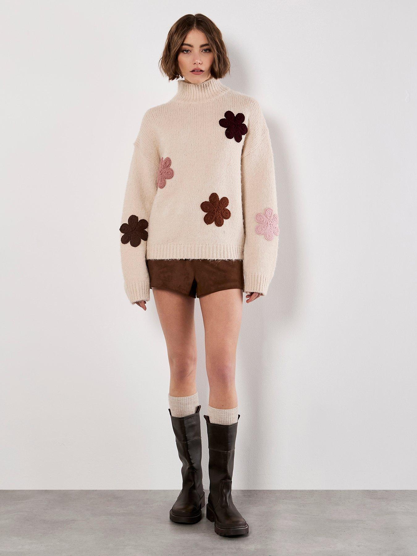 Image 3 of 4 of Apricot Embroidered Flower Mock Neck Jumper