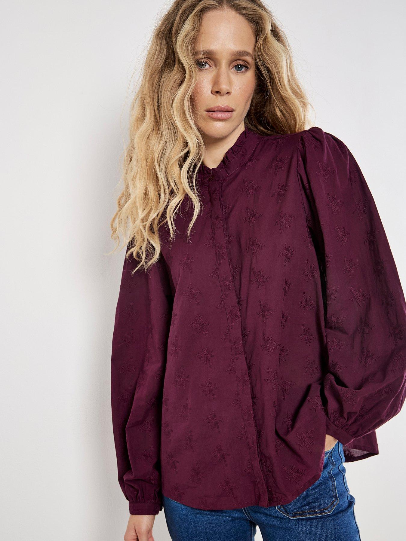 undefined Frill Collar Embroidered Shirt - Red