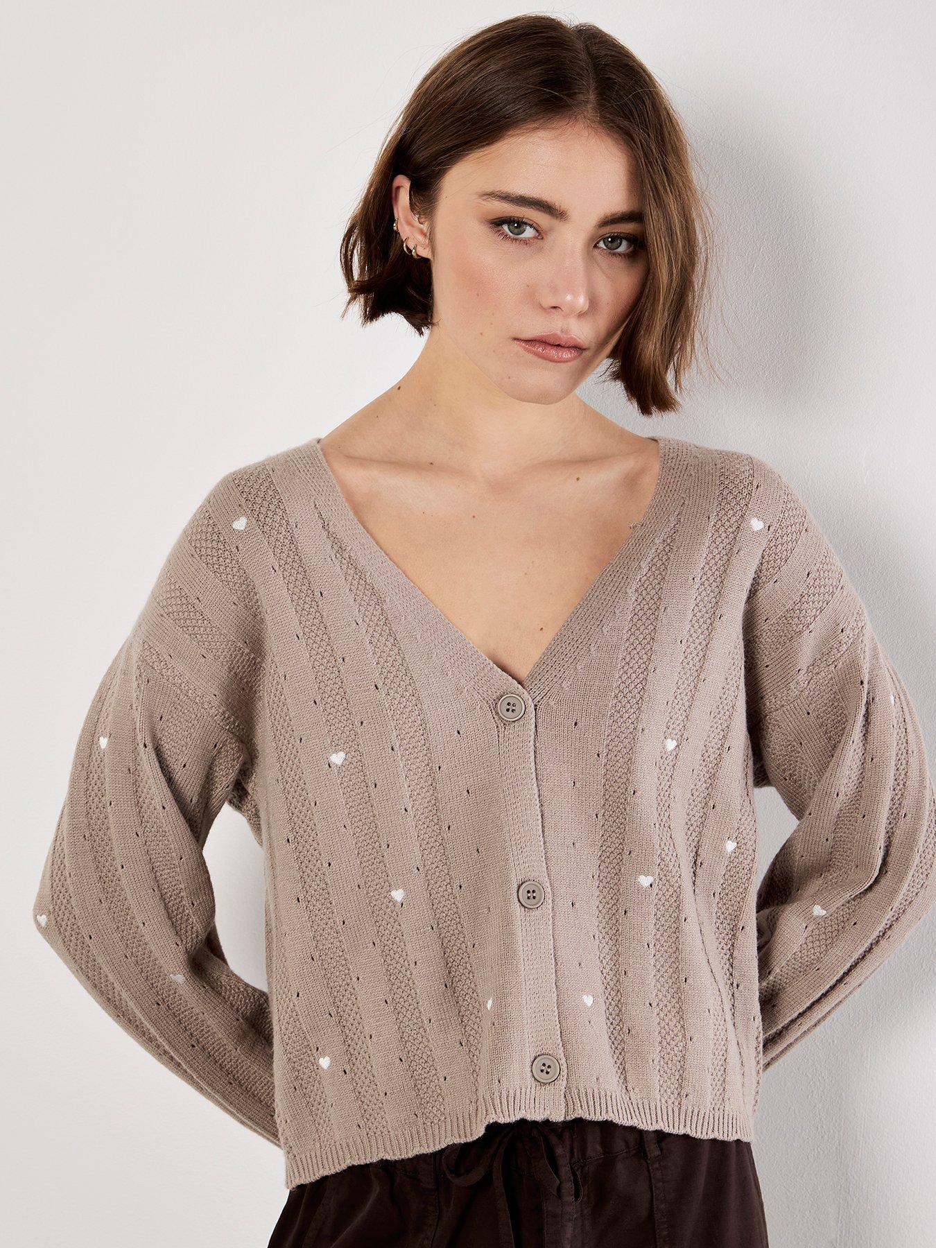 undefined Embroider Heart Pointelle Cardi - Brown