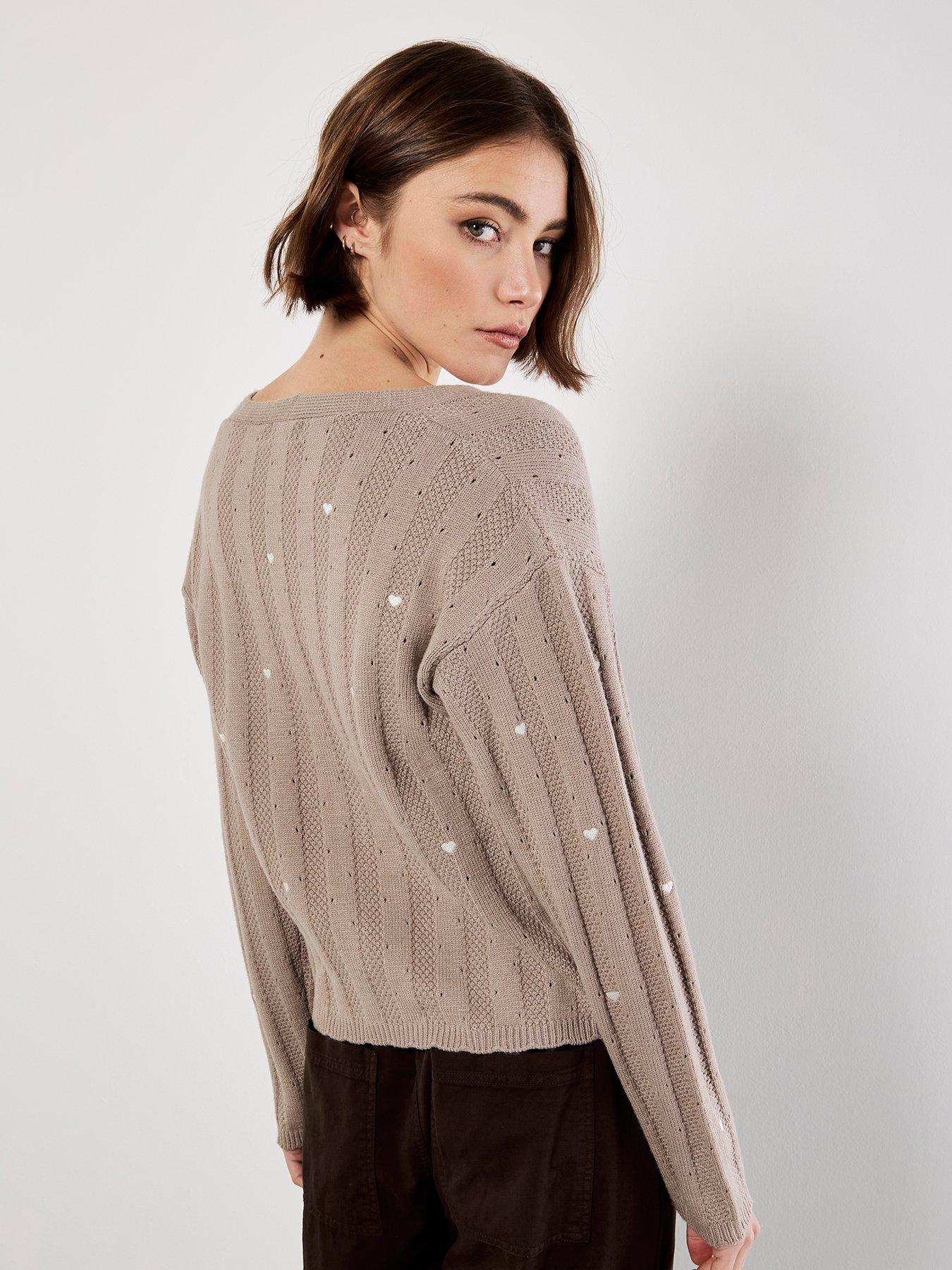 Image 2 of 4 of Apricot Embroider Heart Pointelle Cardi - Brown