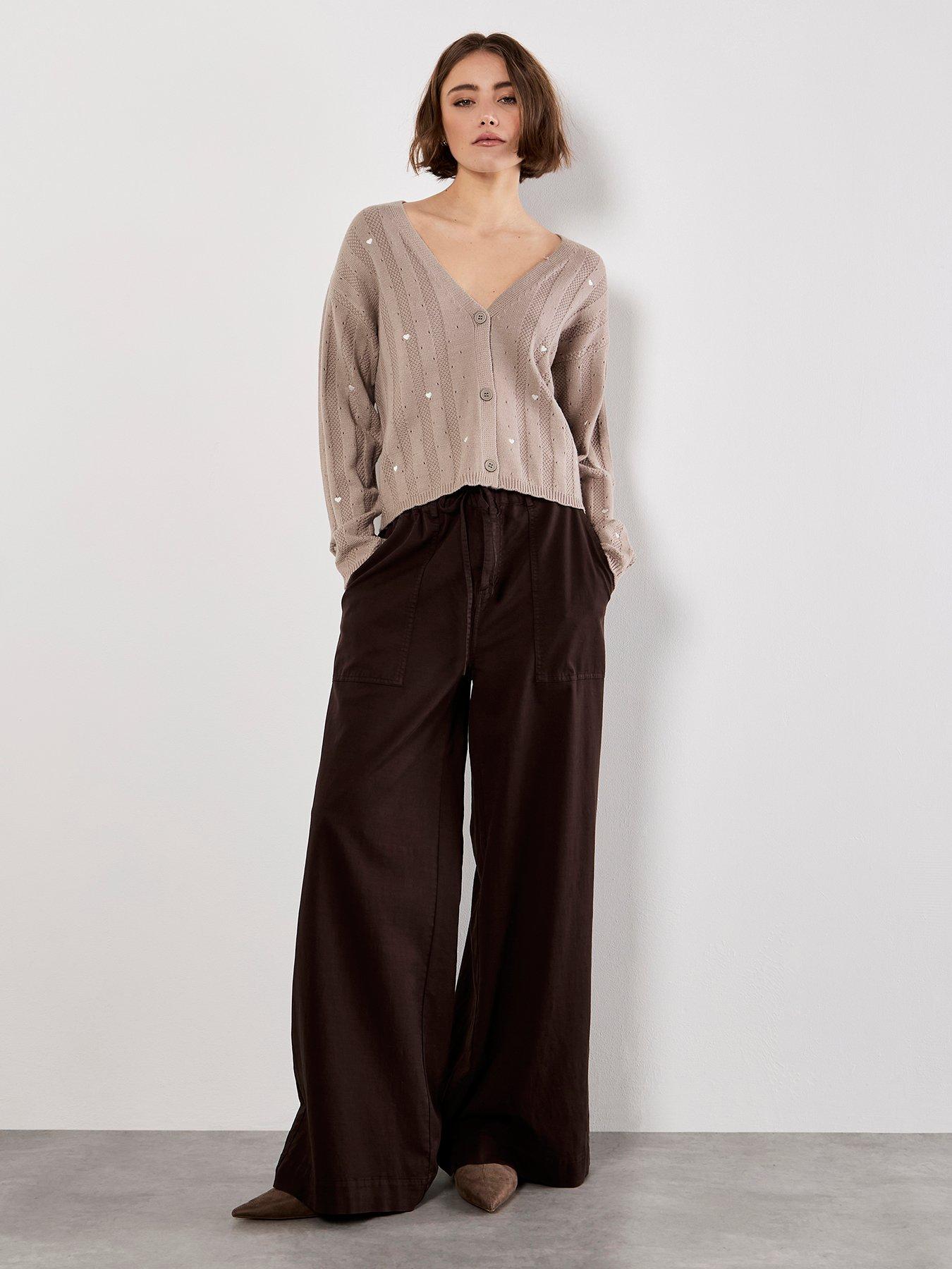 Image 3 of 4 of Apricot Embroider Heart Pointelle Cardi - Brown