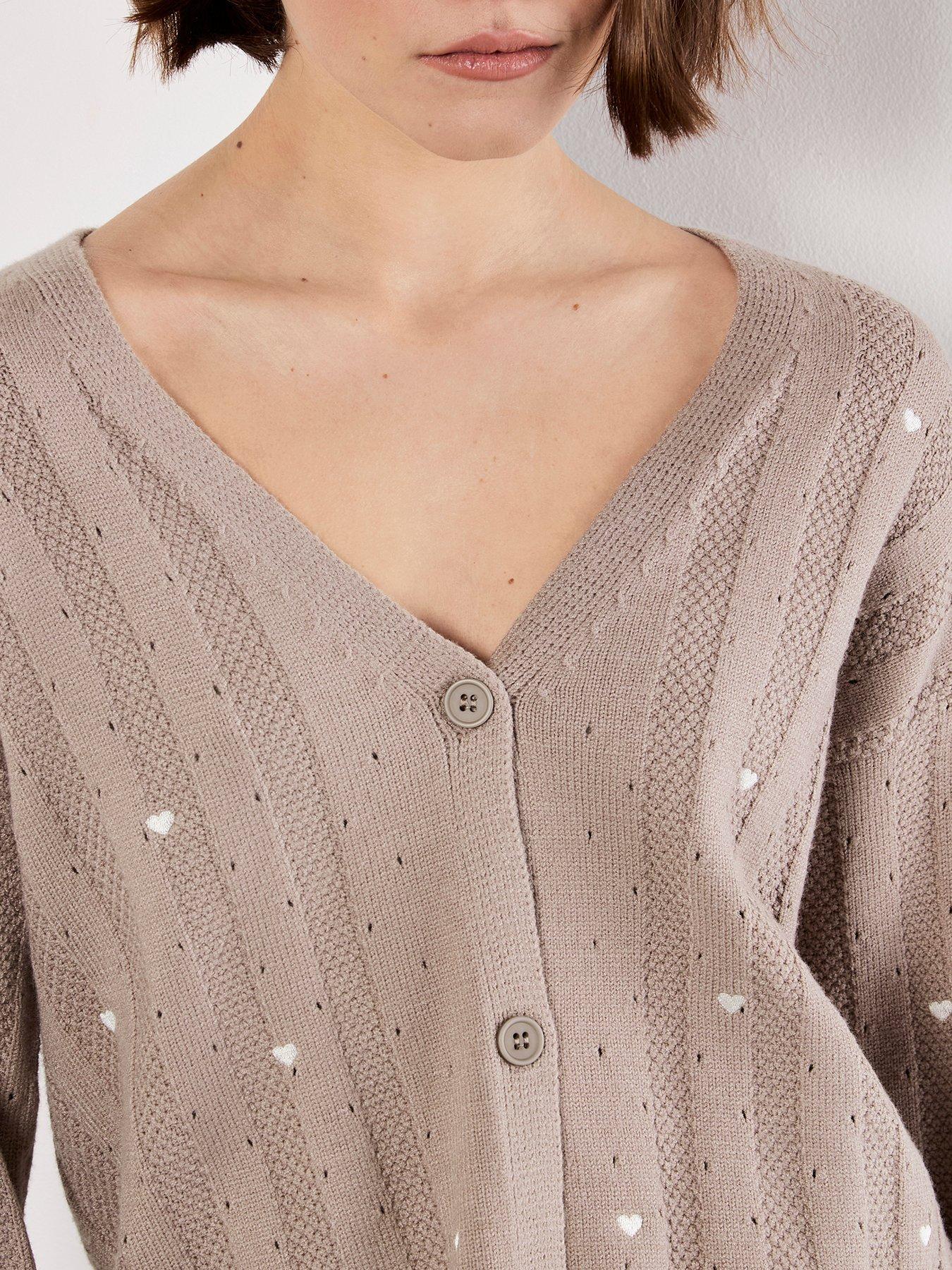 Image 4 of 4 of Apricot Embroider Heart Pointelle Cardi - Brown