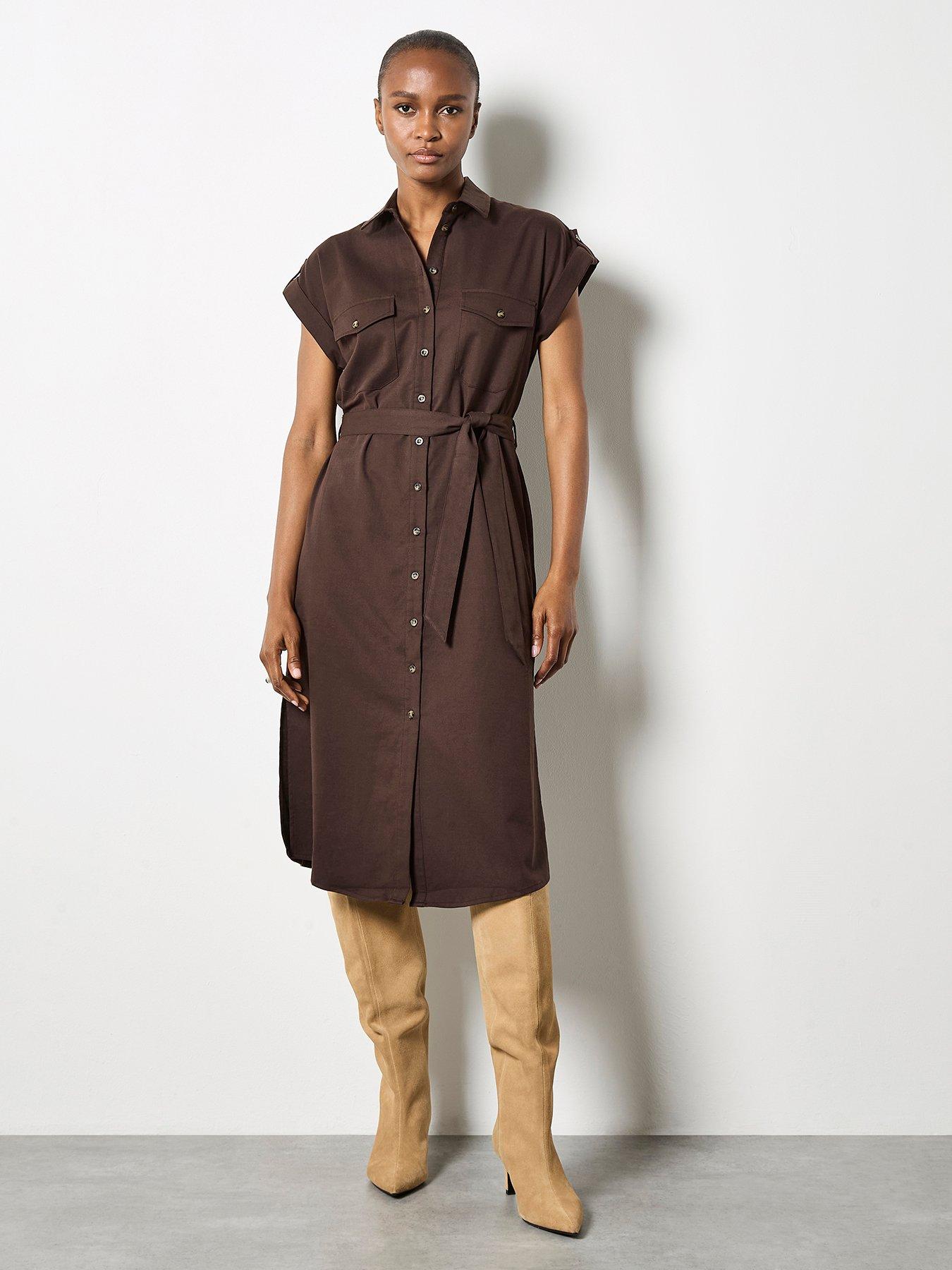 apricot-midi-belted-dress-brown