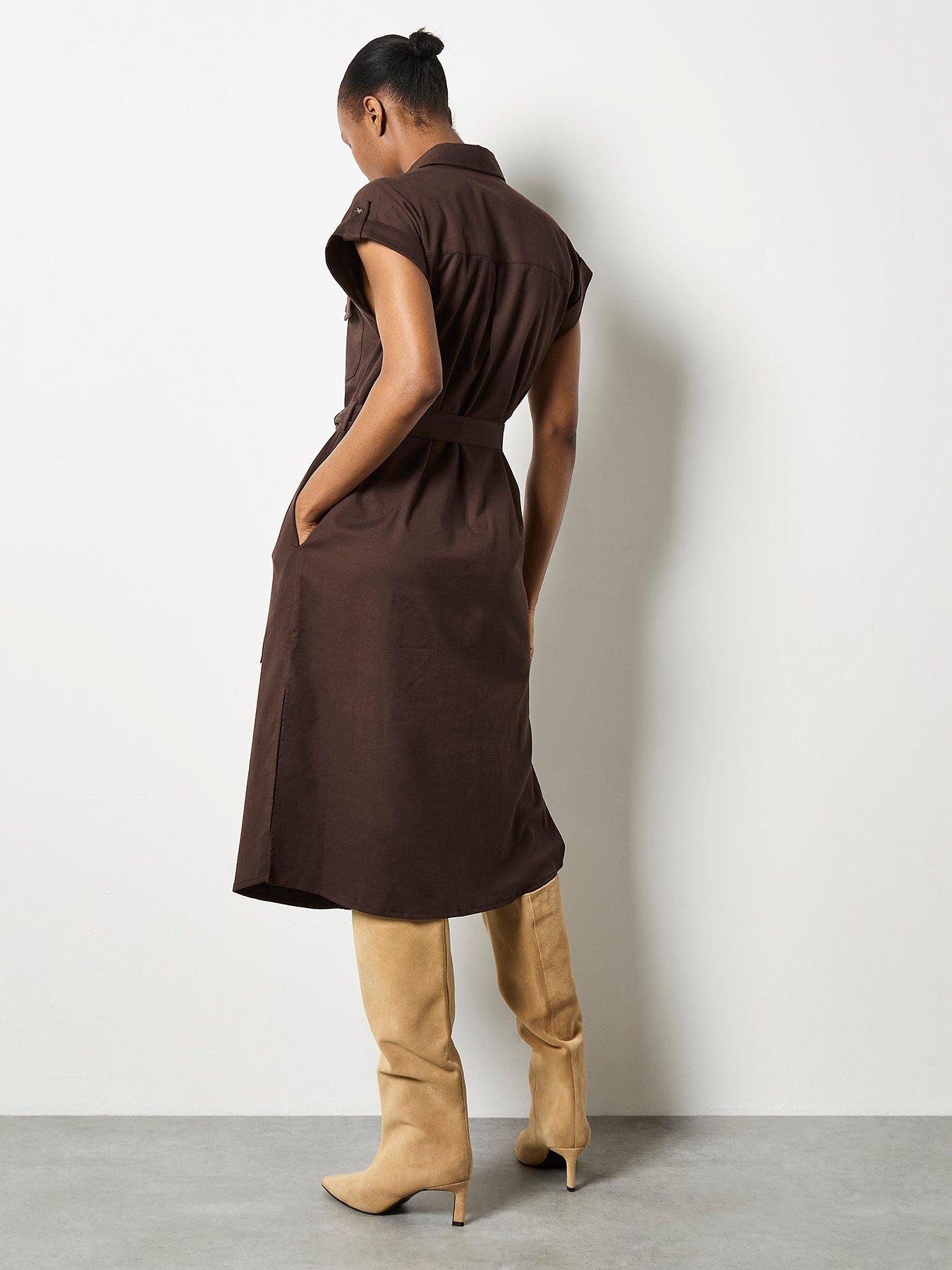 Image 2 of 5 of Apricot Midi Belted Dress - Brown