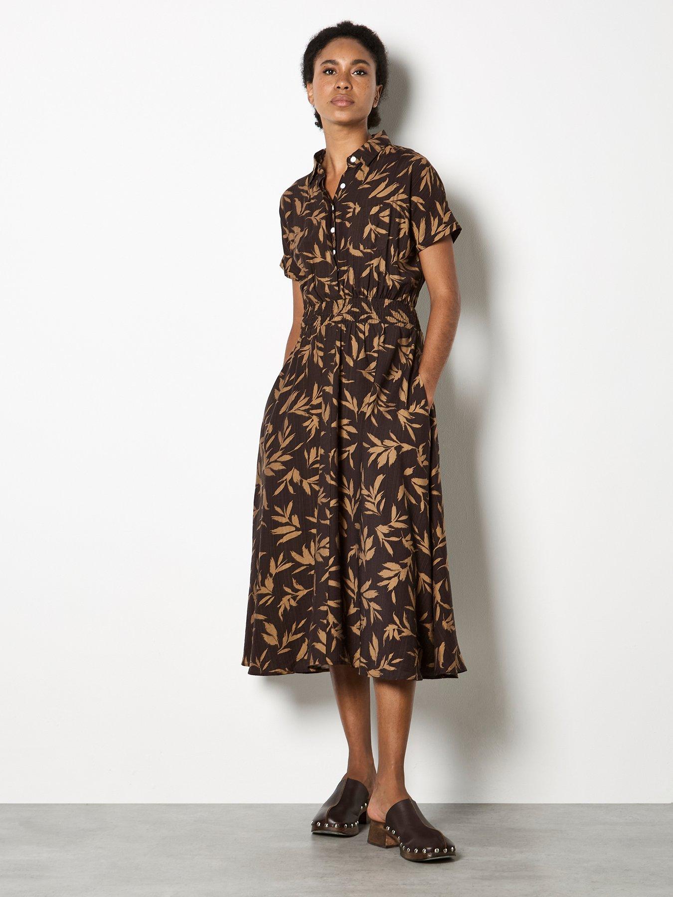 apricot-textured-mono-leaf-shirt-midi-dress