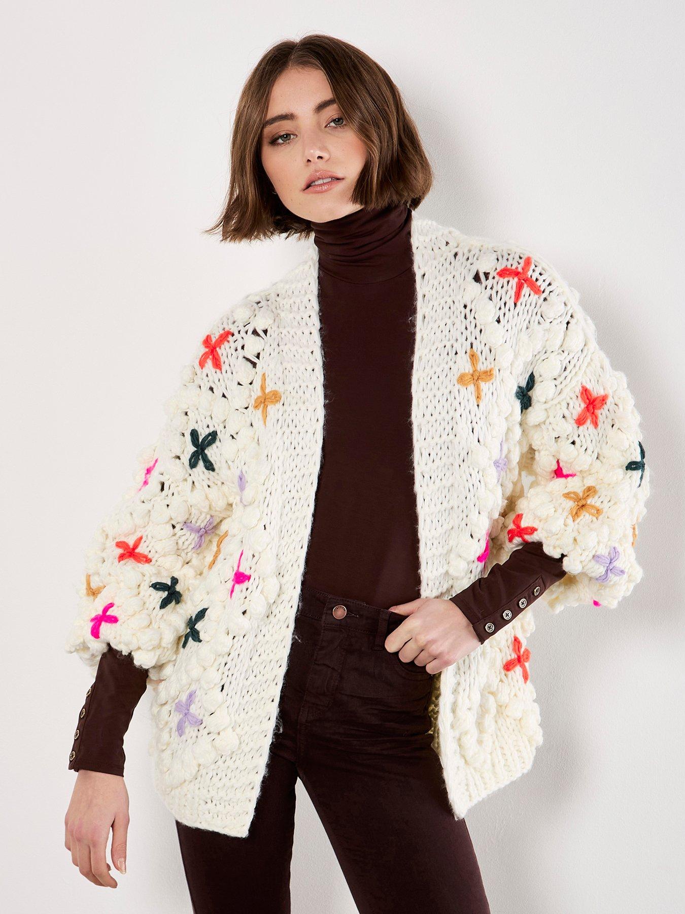 undefined Multicolour Flower 3D Knit Cardi - Cream