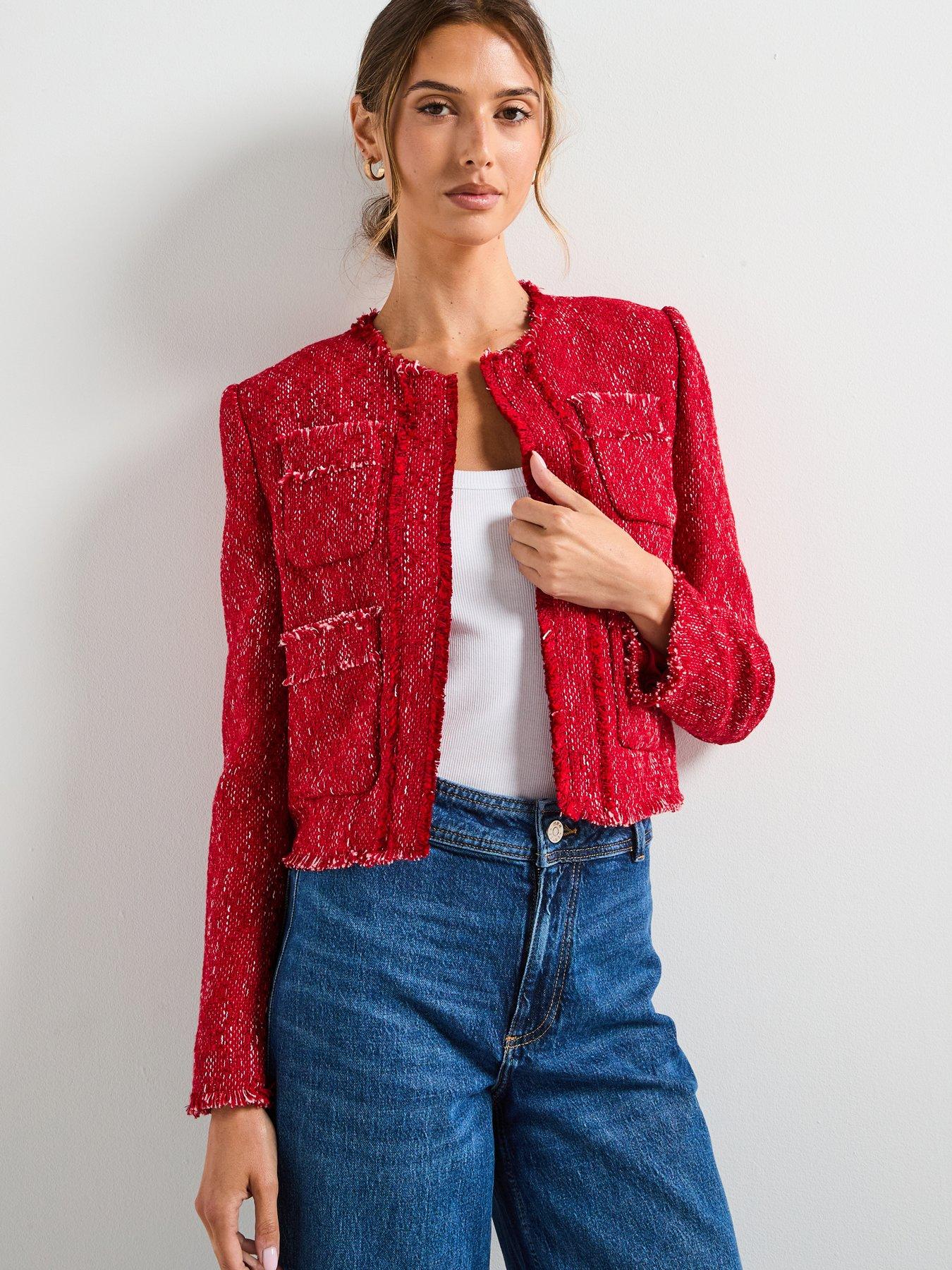 Mango Tweed Jacket With Frayed Ends - Red