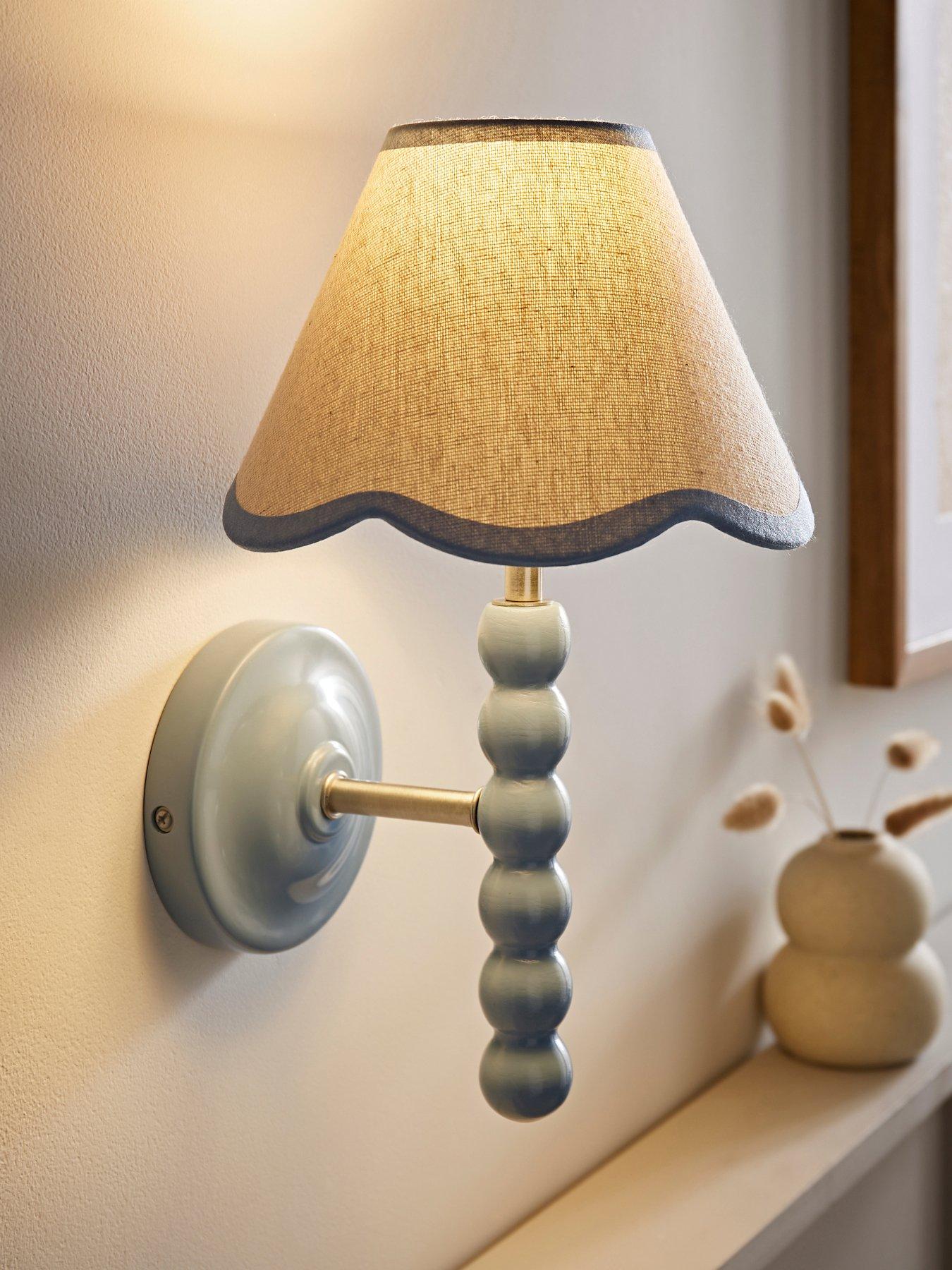 ValueLights Bobbins Powder Blue Bobble Wall Light And Linen Blue Trim Lamp Shade