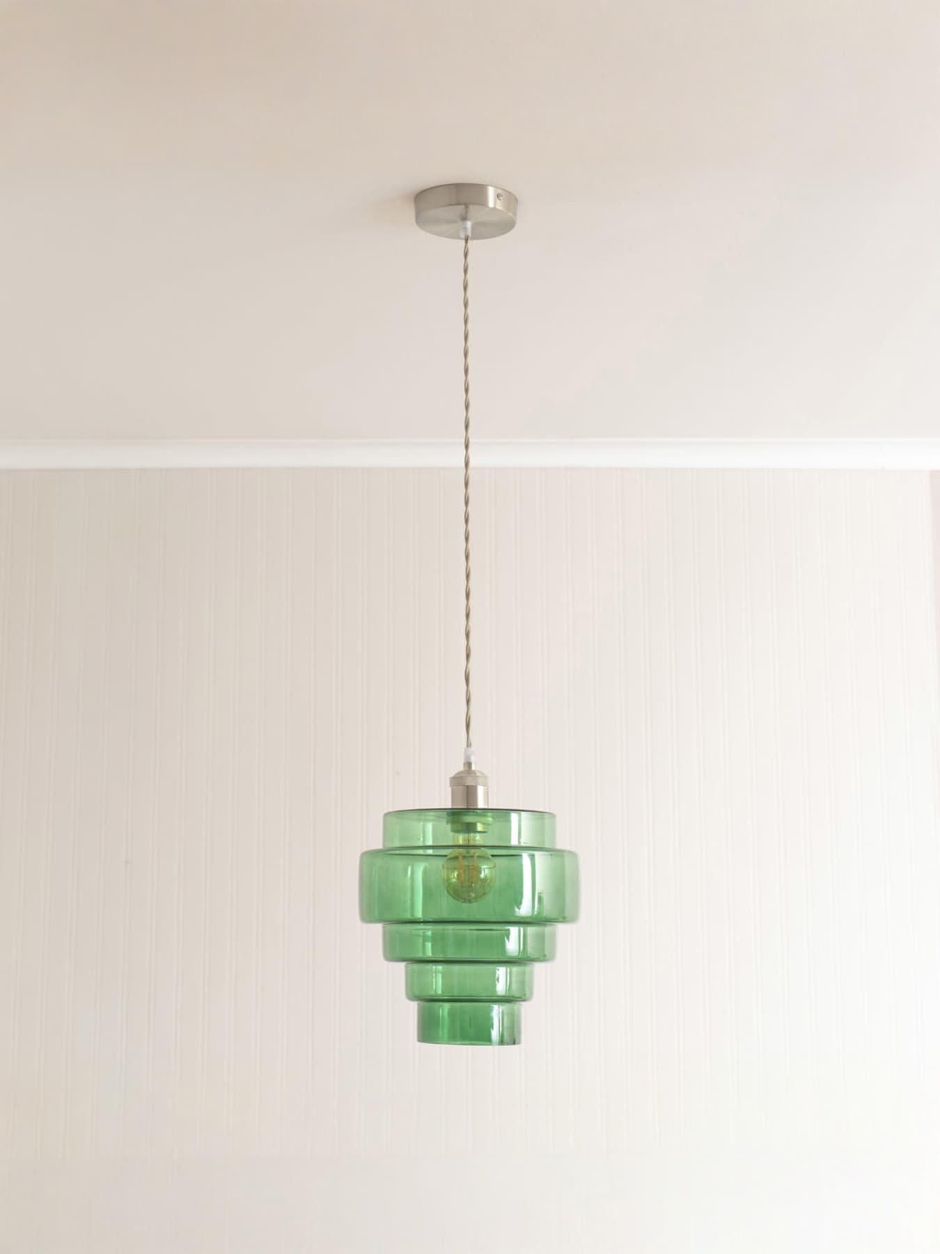 Image 1 of 5 of ValueLights Lane Green Glass 5 Tier Layer Shade Brushed Chrome Single Ceiling Pendant Light