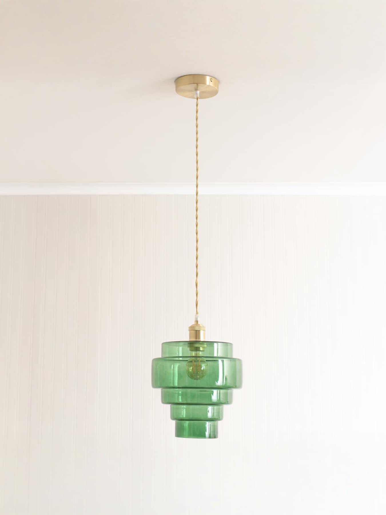 undefined Lane Green Glass 5 Tier Layer Shade Brushed Gold Single Ceiling Pendant Light