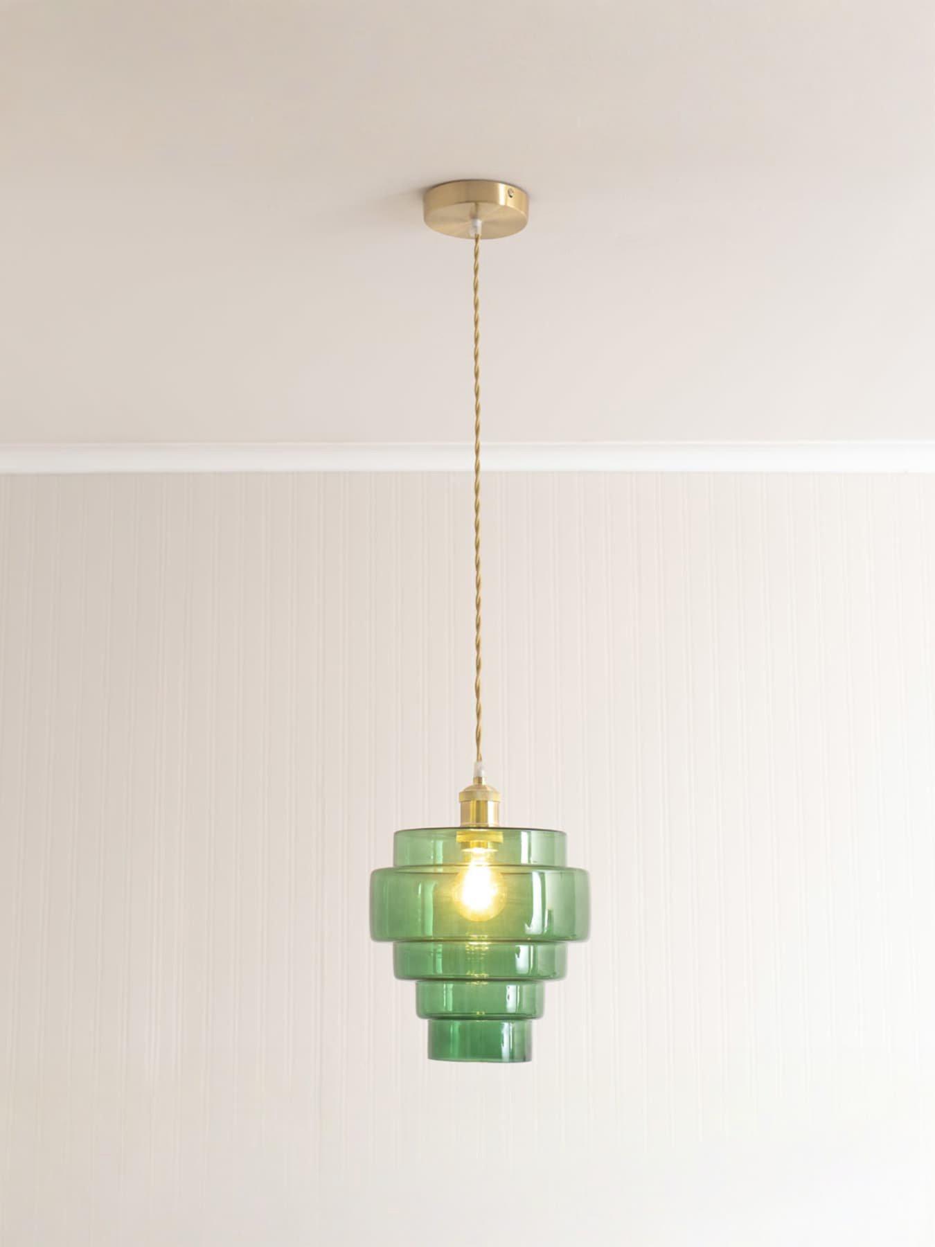 Image 3 of 5 of ValueLights Lane Green Glass 5 Tier Layer Shade Brushed Gold Single Ceiling Pendant Light