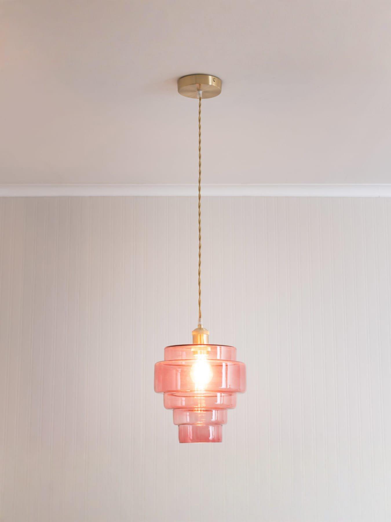 Image 3 of 6 of ValueLights Lane Pink Glass 5 Tier Layer Shade Brushed Gold Single Ceiling Pendant Light