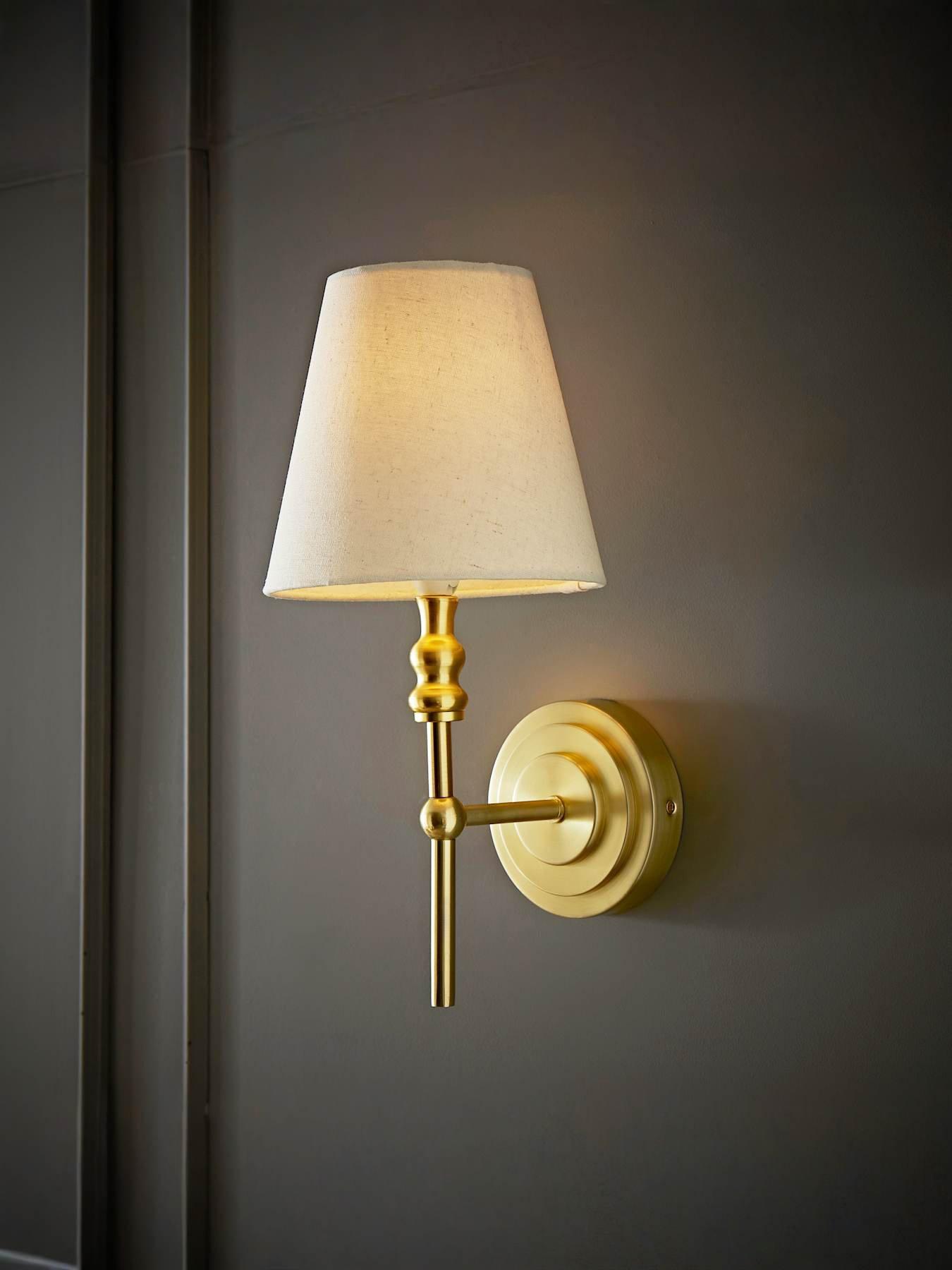 undefined Maggie Brushed Gold Wall Lamp With Linen Tapered Lamp Shade