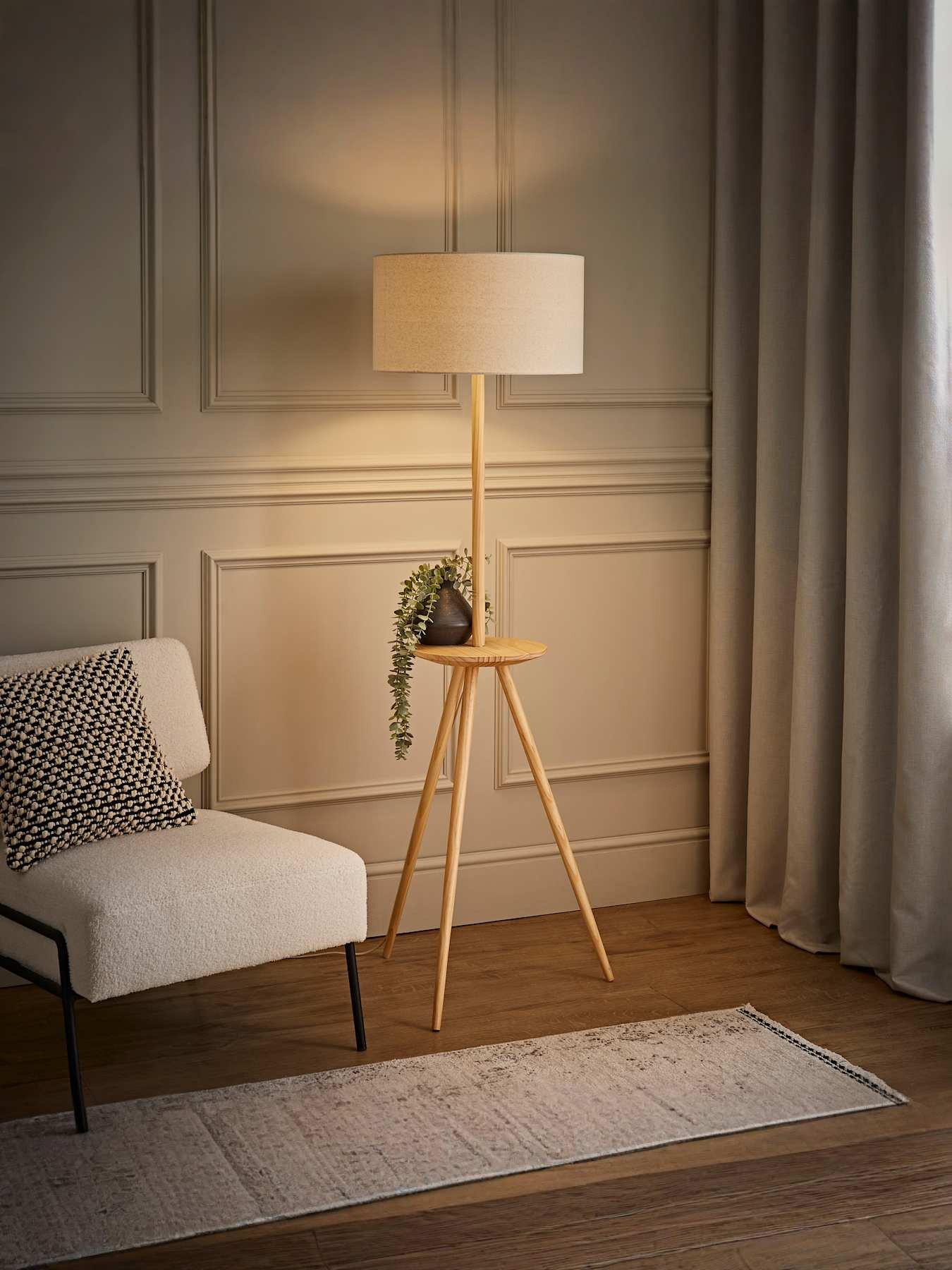 undefined Desmond Side Table Tripod Floor Lamp With Natural Linen Lamp Shade
