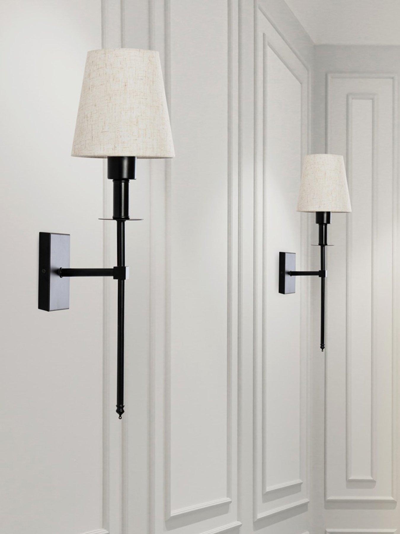 Image 1 of 6 of ValueLights Pair Of Kincaid Black Rechargeable Easy Fit Wall Light With Shade
