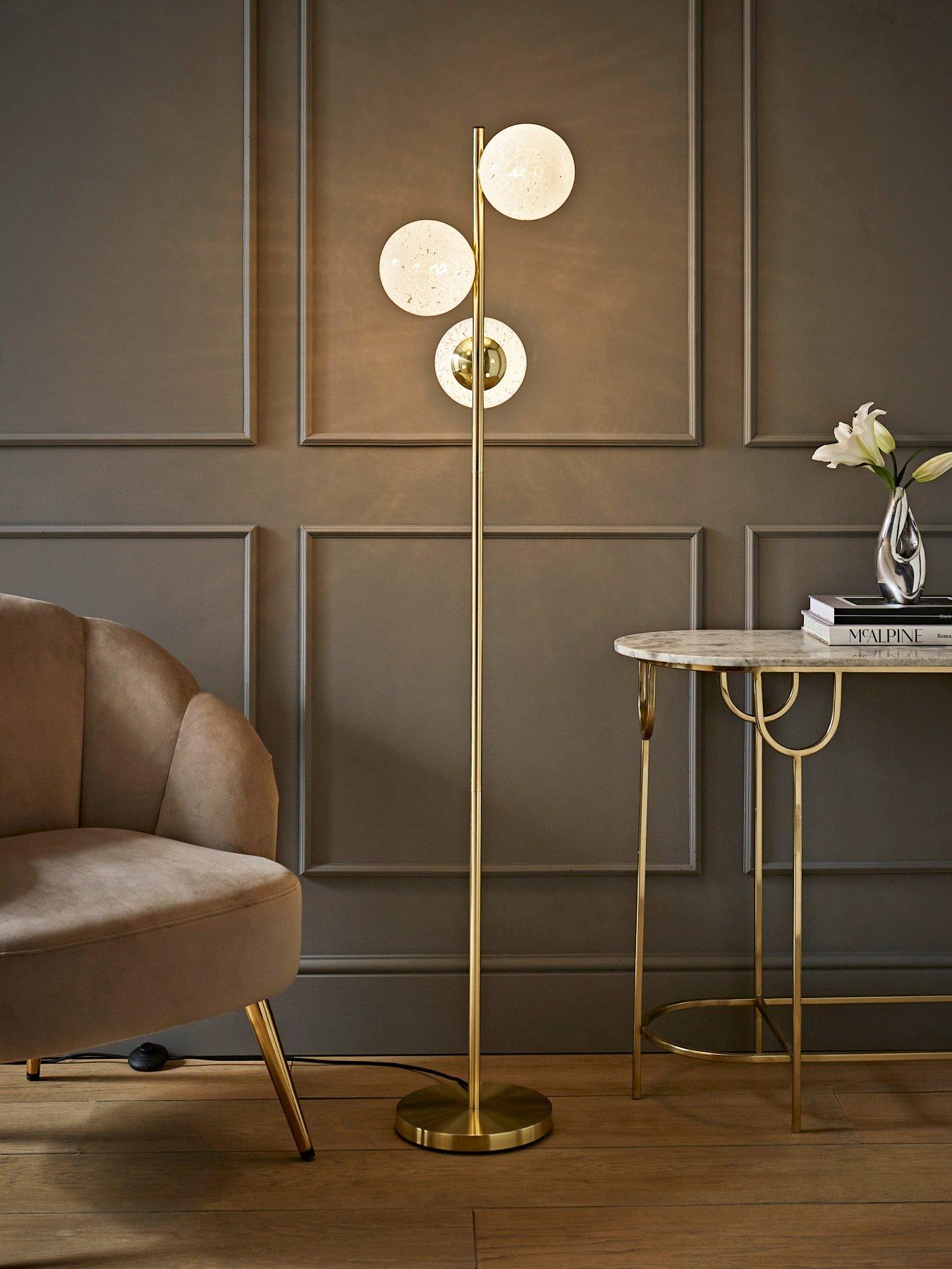 ValueLights Jas Gold Floor Lamp With 3 Way White Confetti Glass Globe Shades