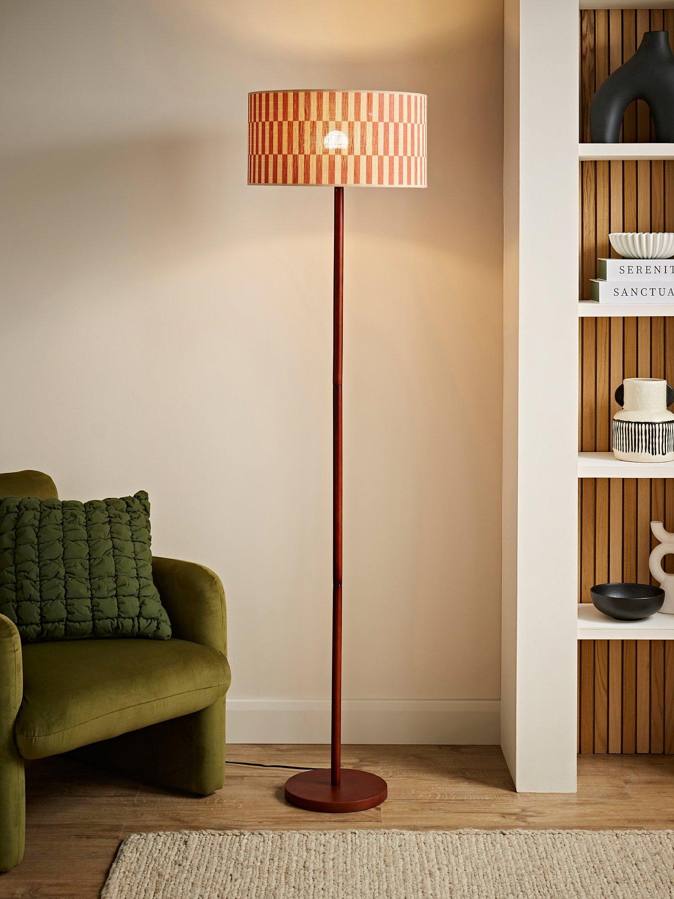 undefined Heaher Dark Wood Stem Floor Lamp With Orange Checker Bamboo Drum Shade