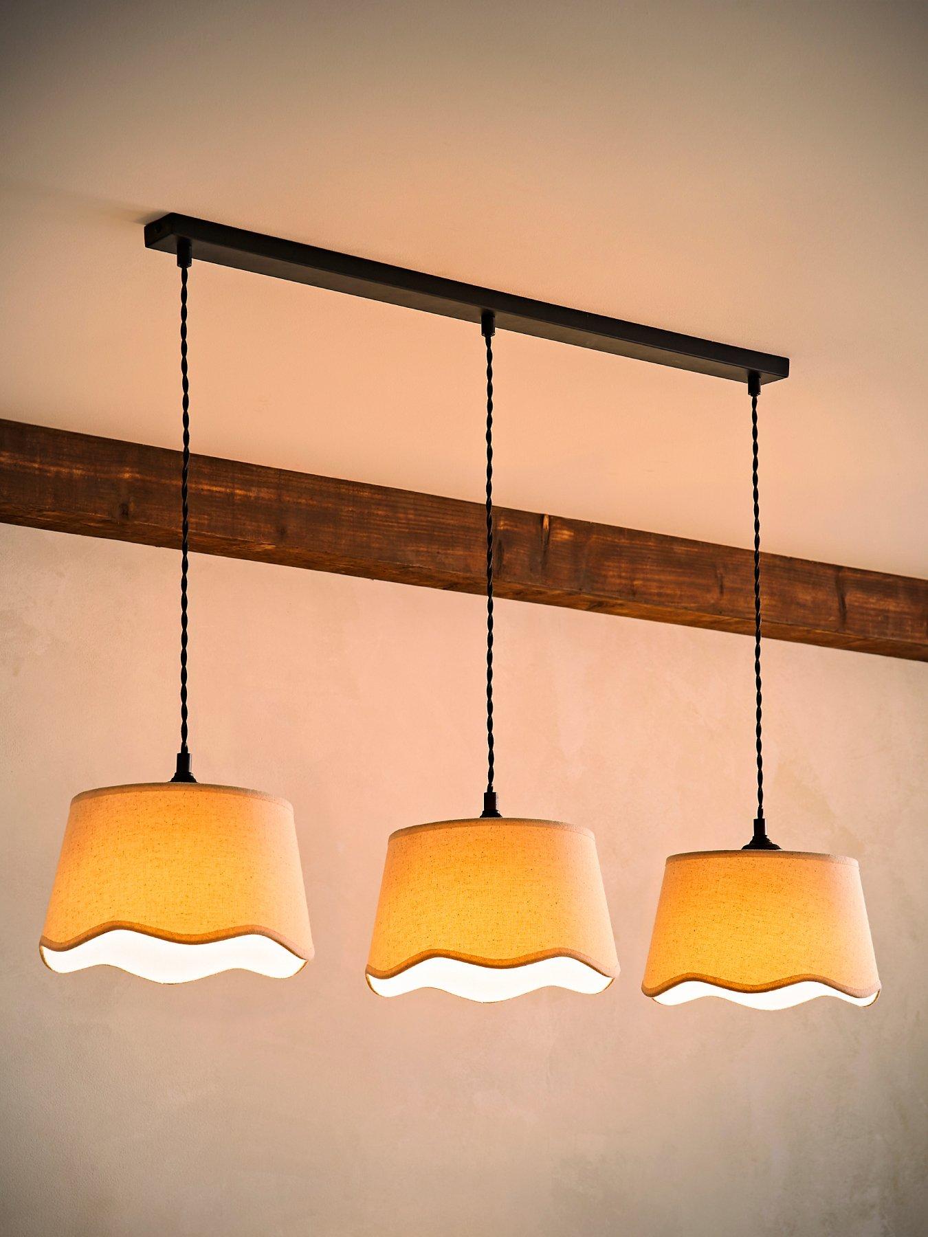 Image 3 of 6 of ValueLights Mabel Natural Linen Scallop 3 Drop Bar Black Diner Ceiling Light