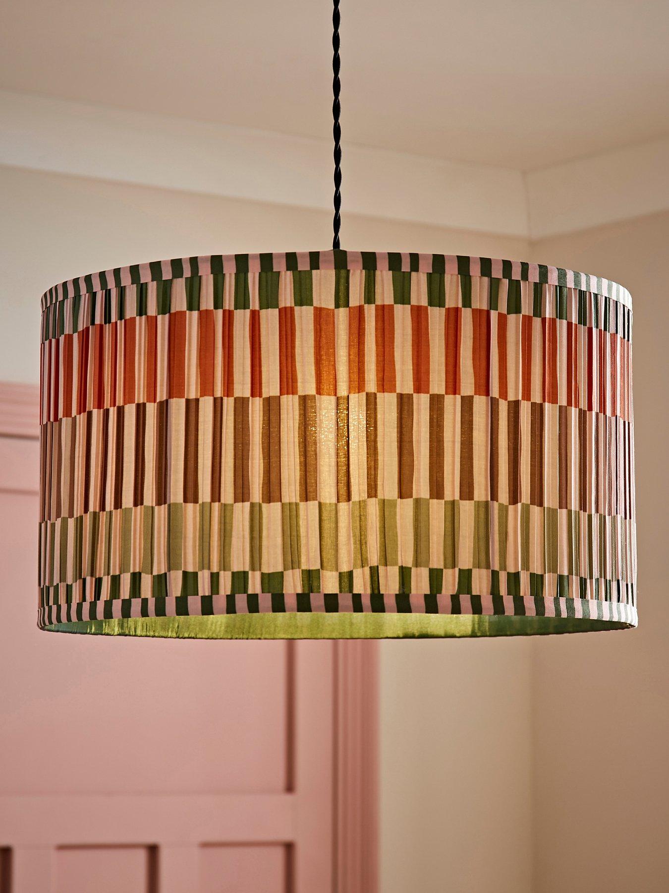 undefined Rae Large Pleated Stripe Neutral Drum Easy Fit Ceiling Light Lamp Shade