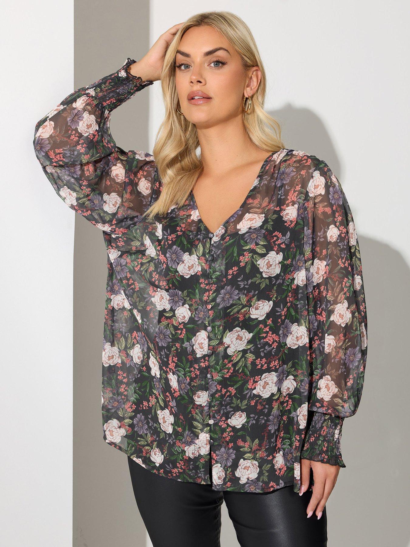 undefined Curve Floral Sheer Cuffed Sleeve Blouse - Black