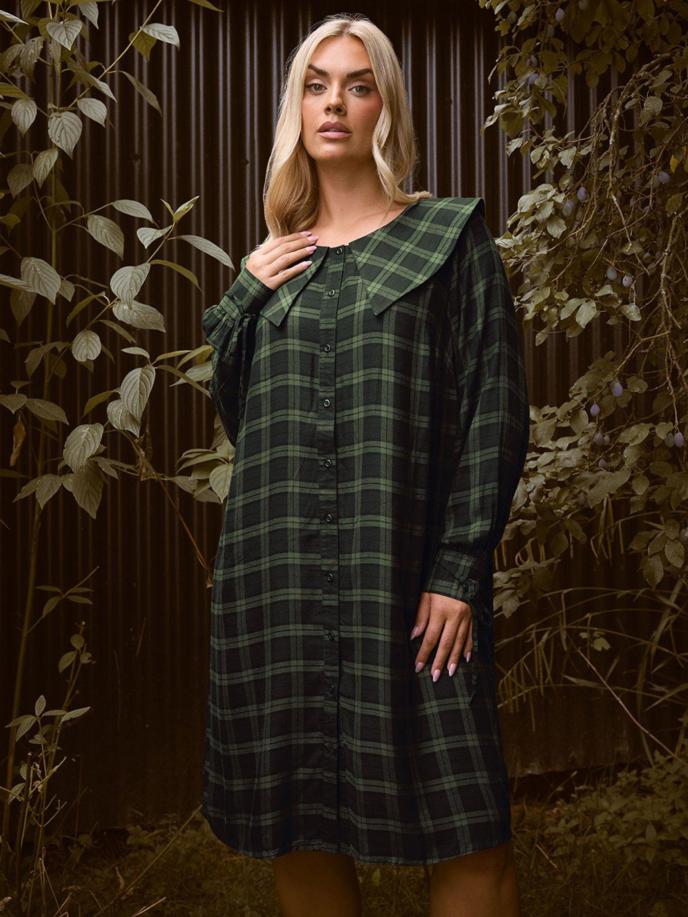 undefined Curve Check Collar Smock Mini Dress - Green