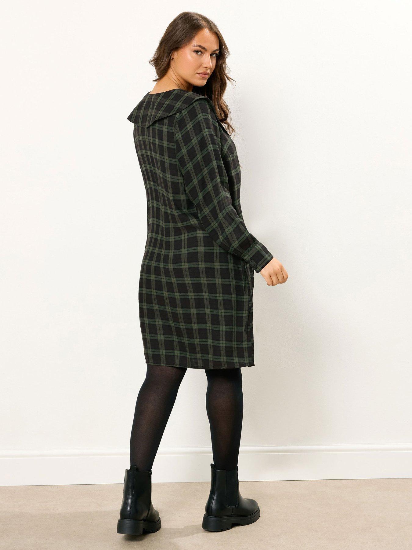 Image 2 of 4 of Yours Curve Check Collar Smock Mini Dress - Green