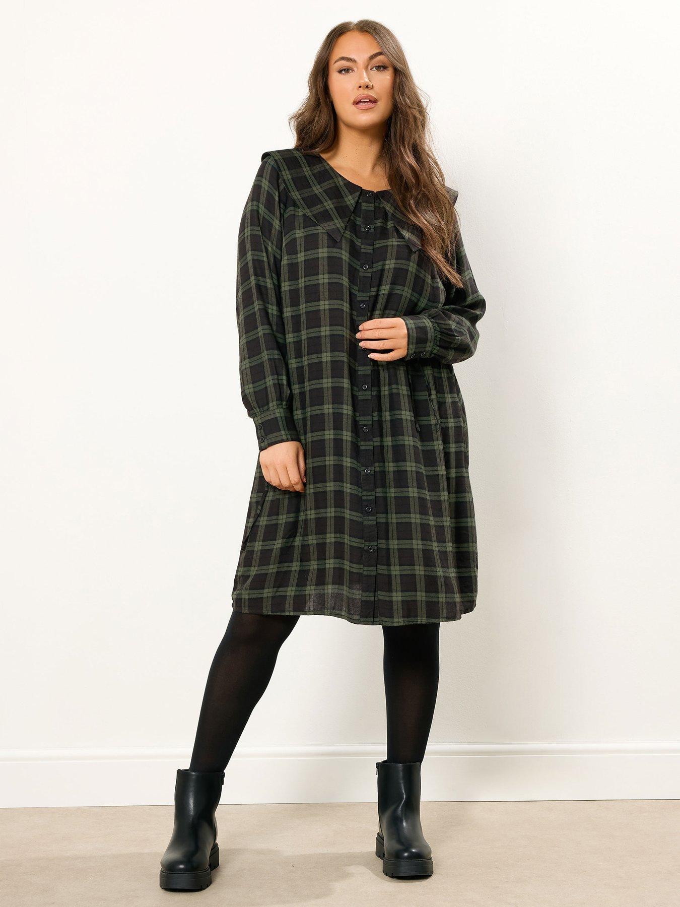 Image 3 of 4 of Yours Curve Check Collar Smock Mini Dress - Green