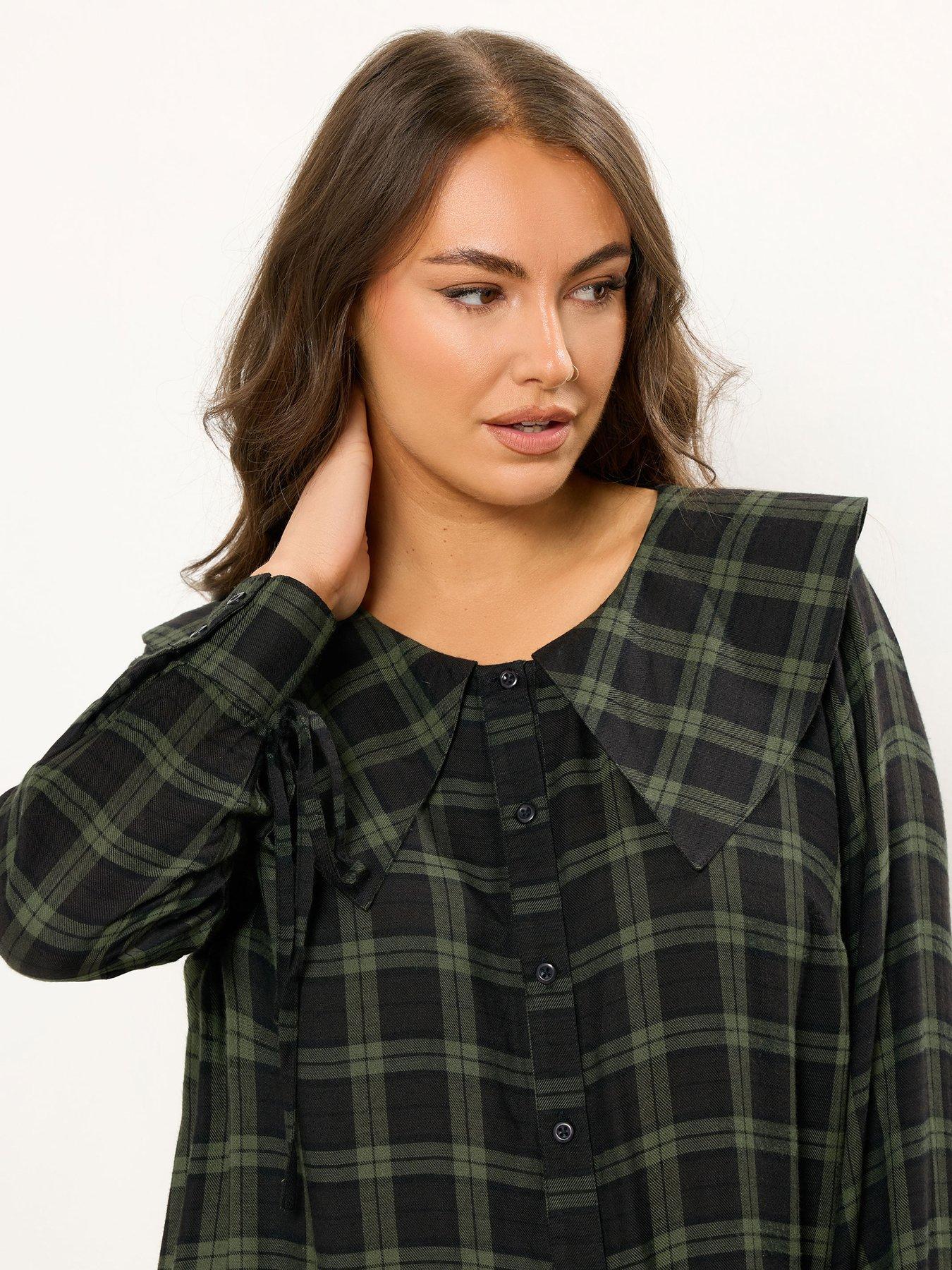 Image 4 of 4 of Yours Curve Check Collar Smock Mini Dress - Green
