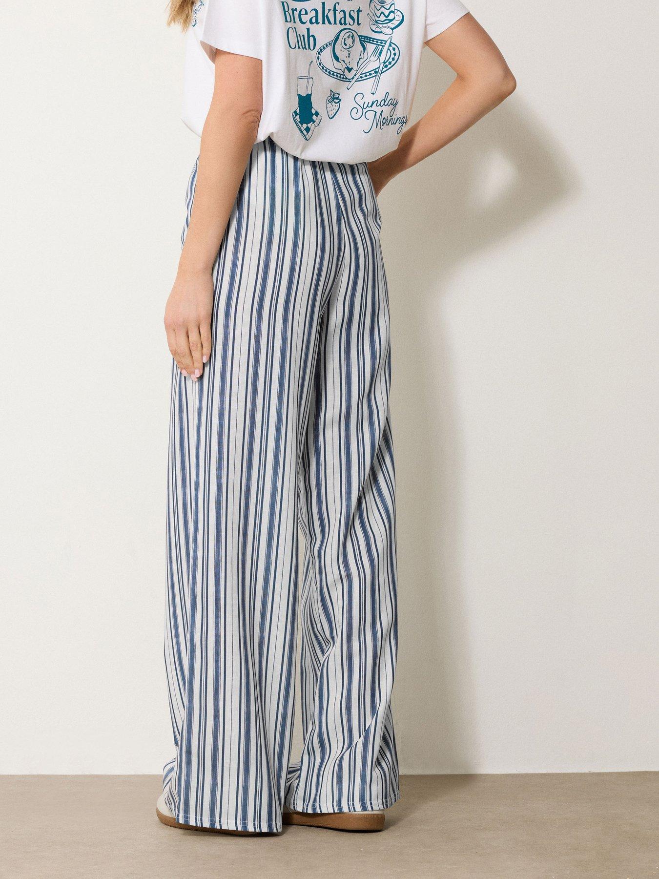 Image 2 of 4 of Long Tall Sally Stripe Linen Wide Leg Trouser 34" - Blue