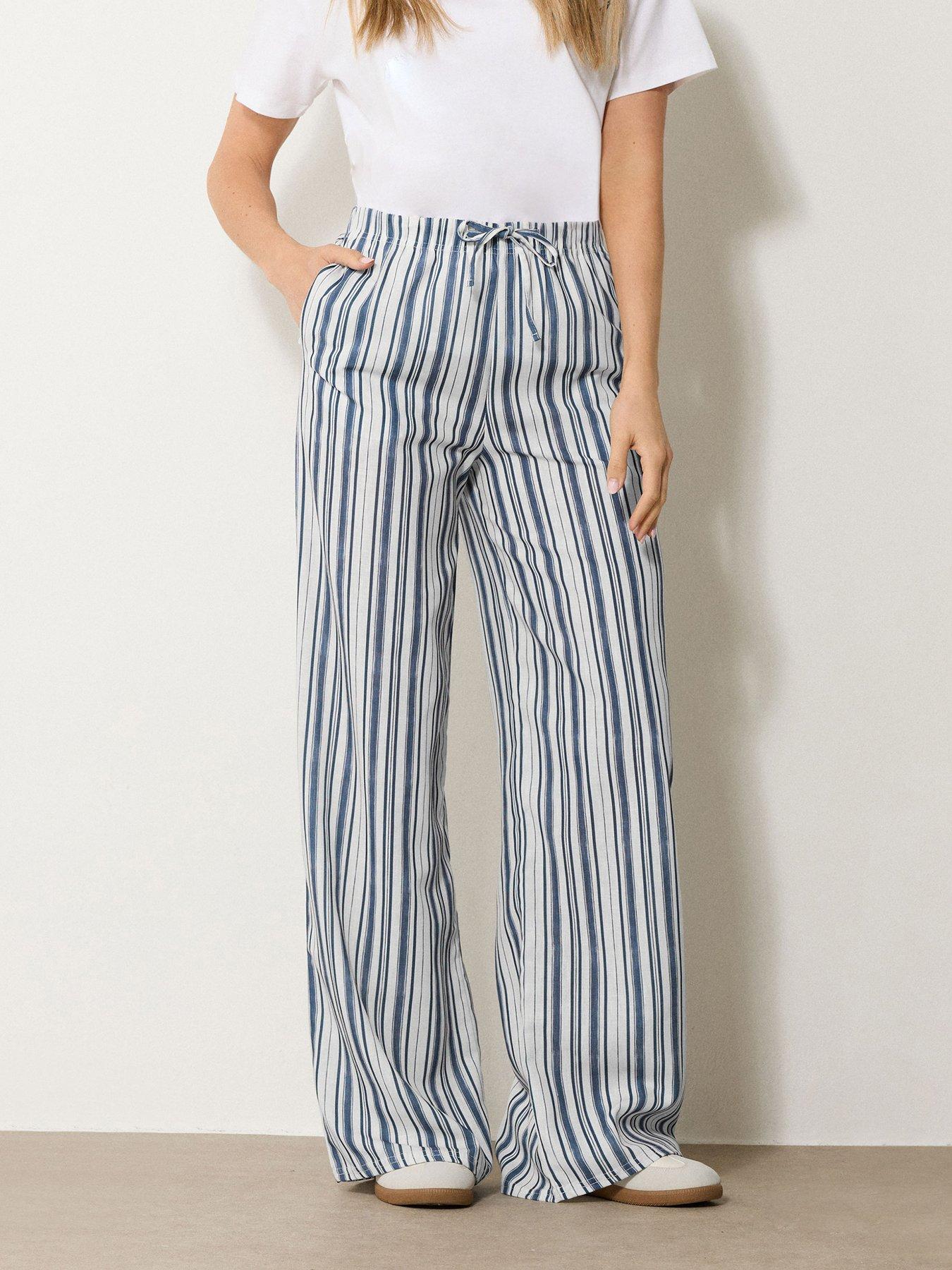 undefined Stripe Linen Wide Leg Trouser 36" - Blue