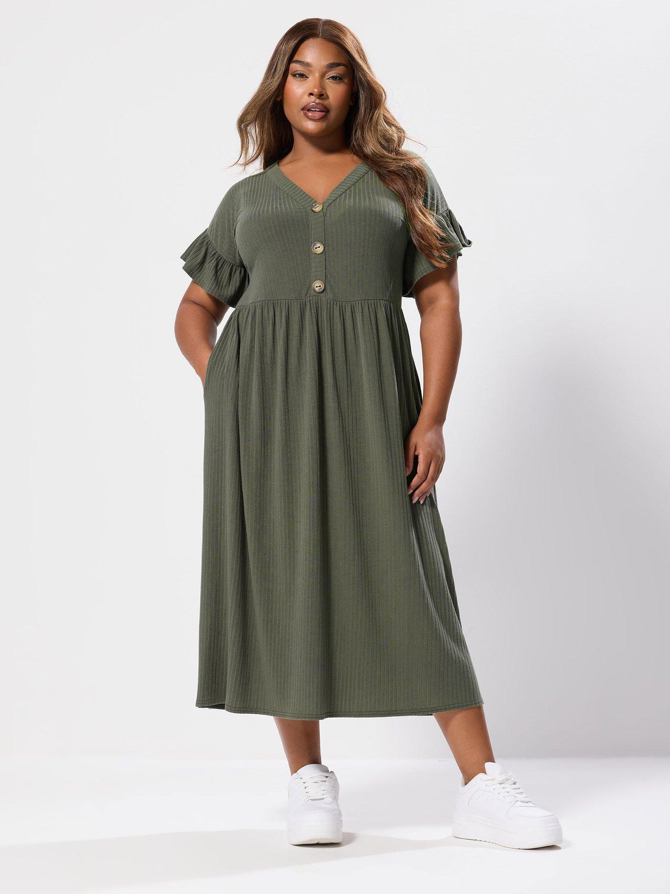 Image 1 of 4 of Yours Curve Rib Frill Midaxi Dress - Green