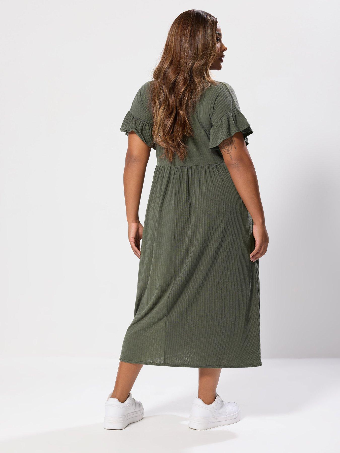 Image 2 of 4 of Yours Curve Rib Frill Midaxi Dress - Green