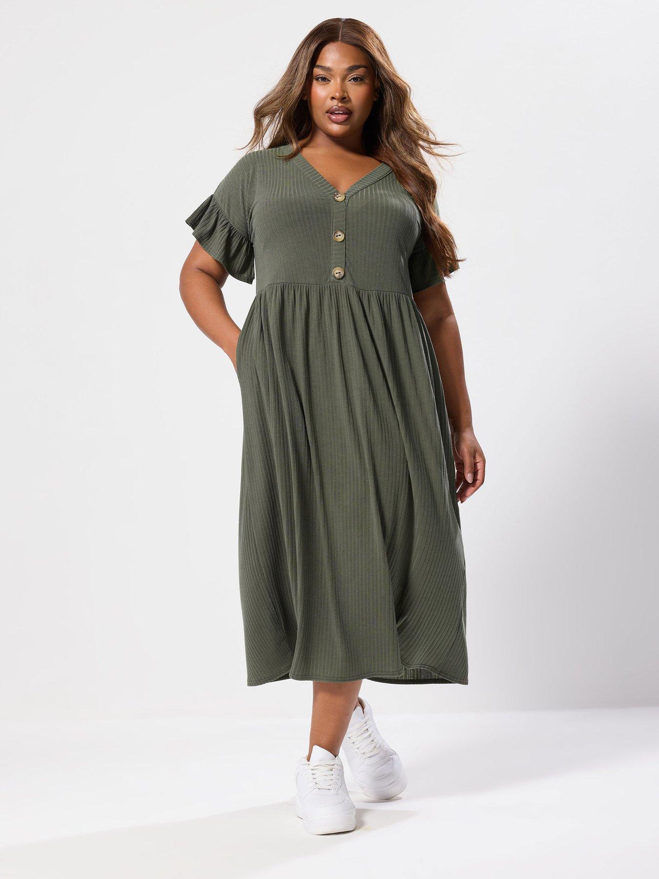 Image 3 of 4 of Yours Curve Rib Frill Midaxi Dress - Green