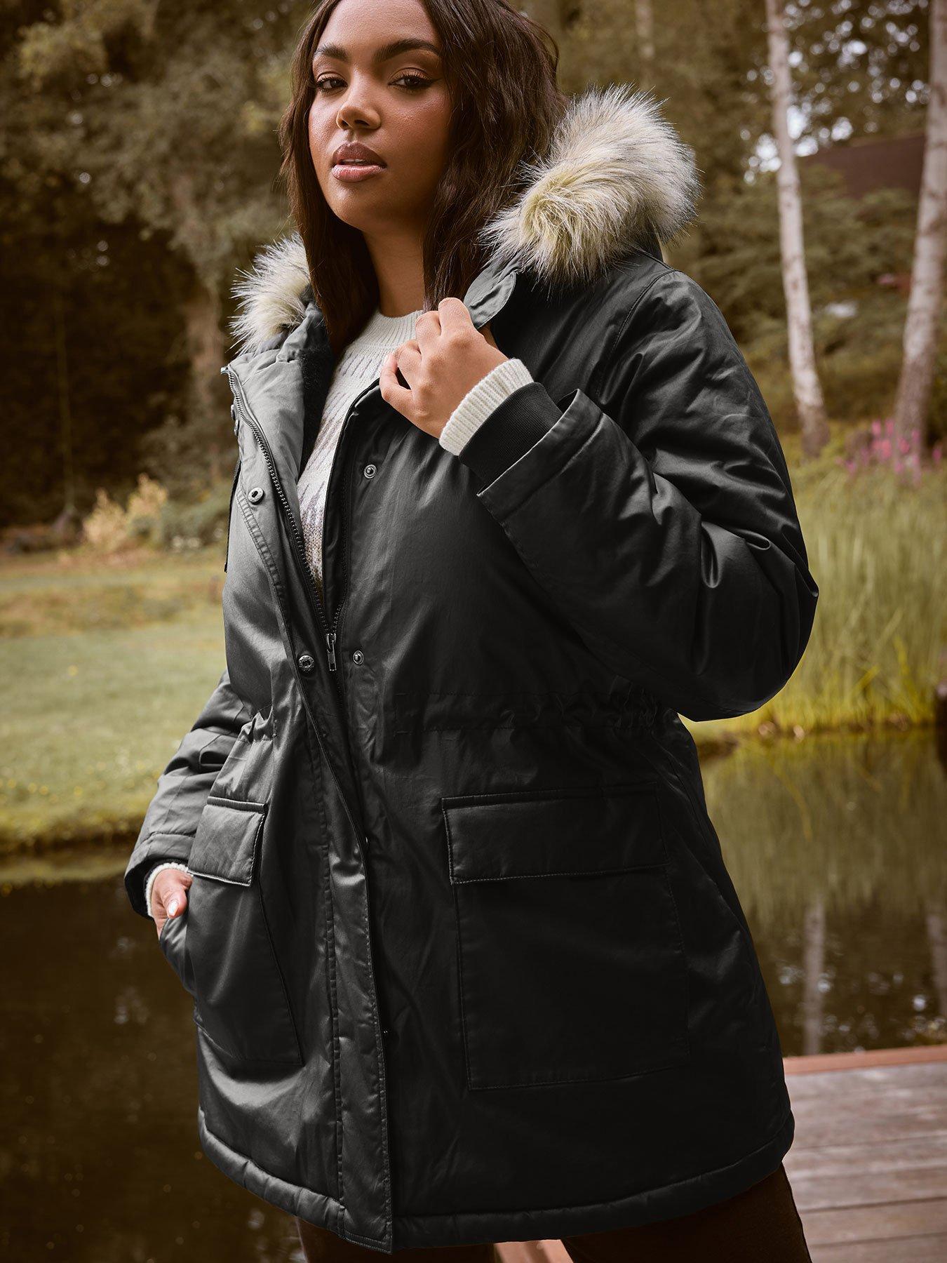 Yours Curve Waxy Luxe Parka - Black