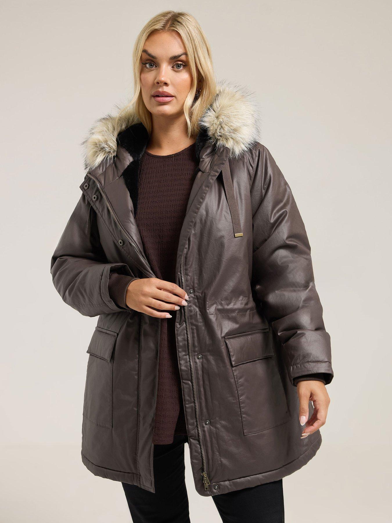 Yours Curve Waxy Luxe Parka - Brown